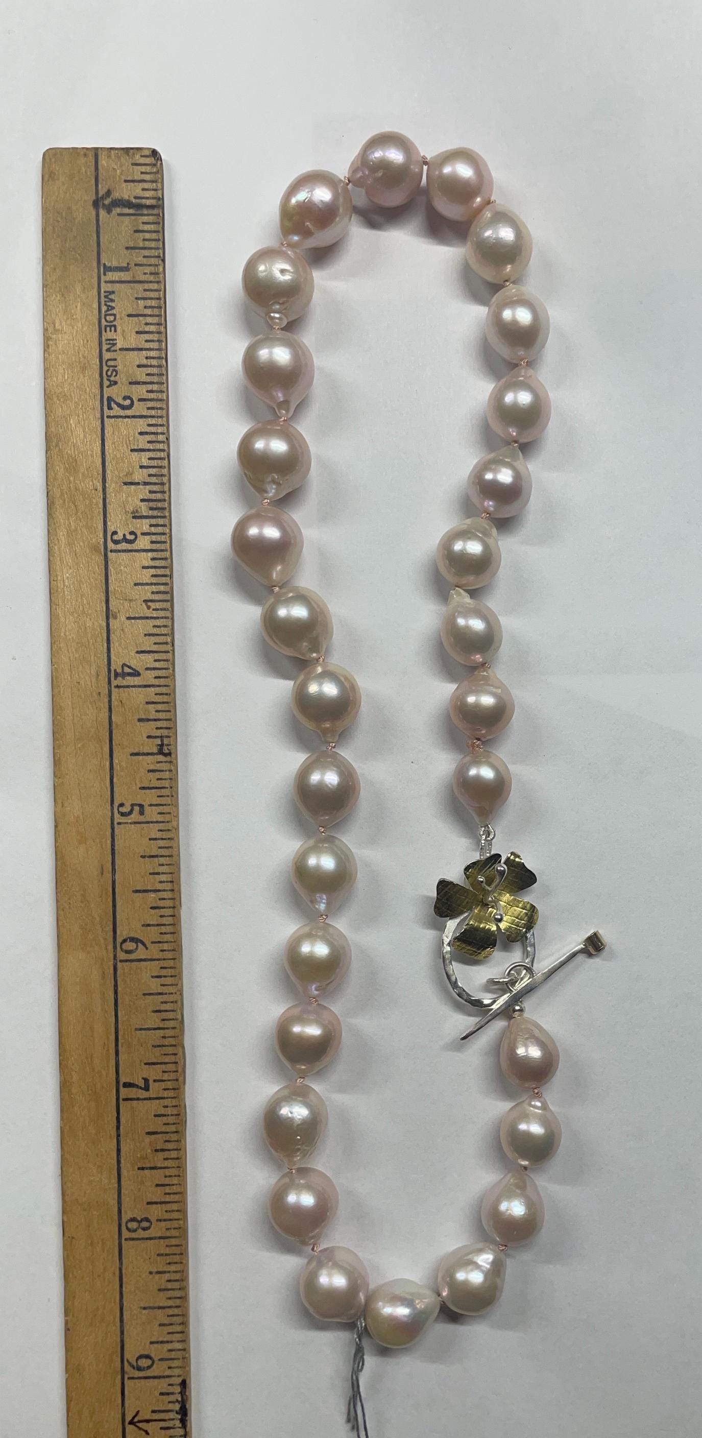 Blush Baroque Pearl Necklace: 18K Gold Flower Toggle, Hand-Knotted Silk