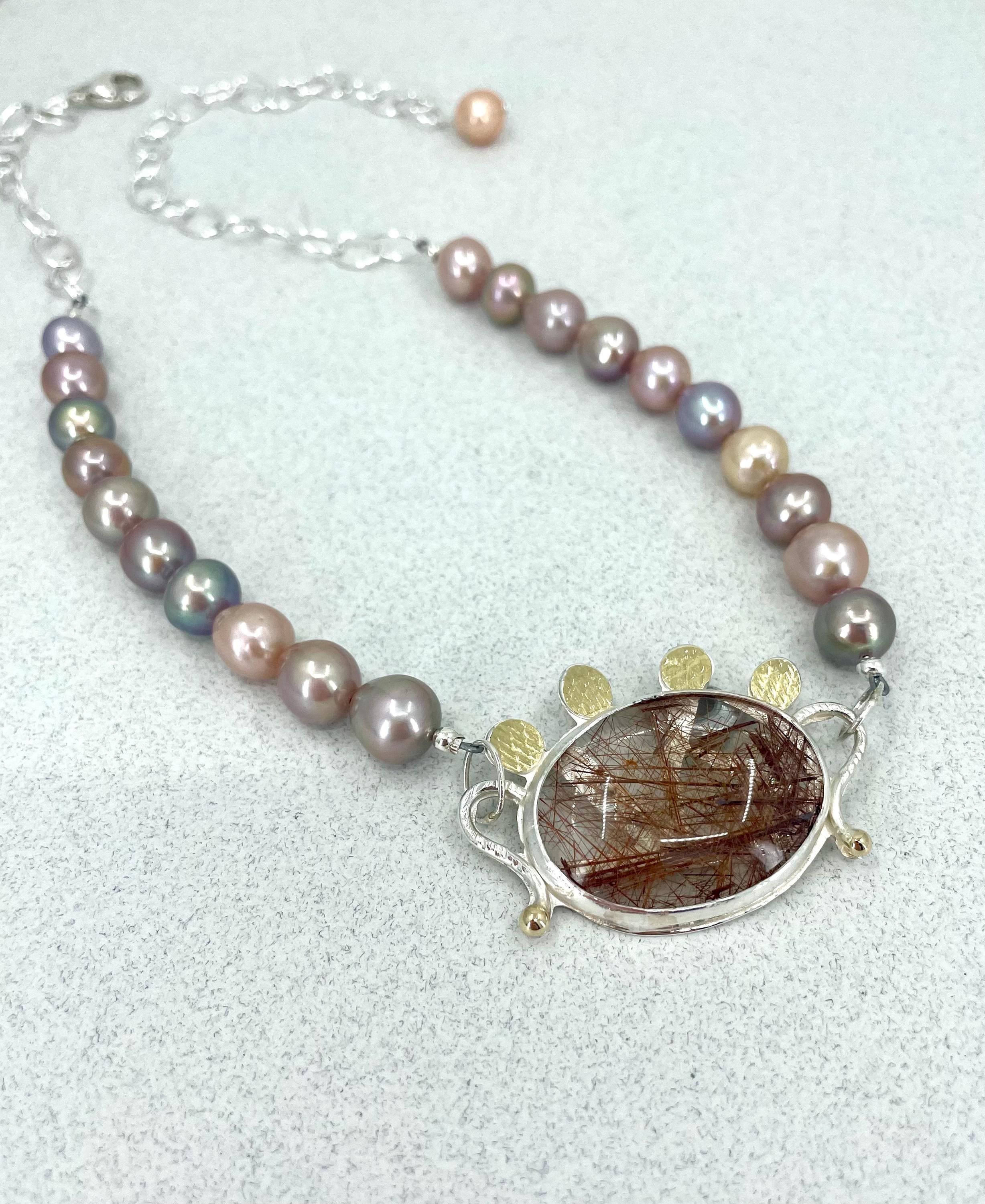 Rutilated Quartz Necklace in Silver with Pearls- Rust Color Quartz Rutile, One of A Kind