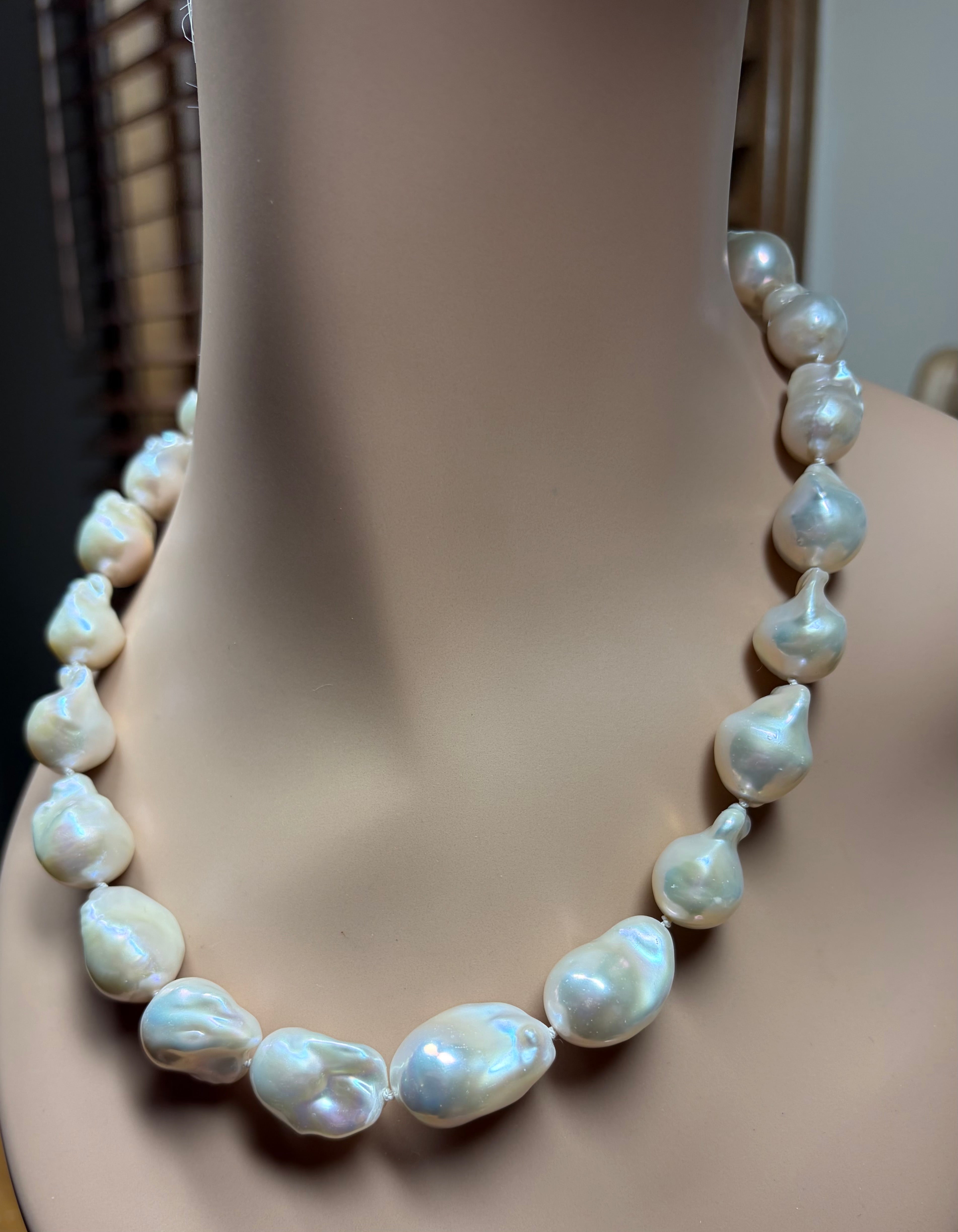 Large White Baroque Knotted Pearl Necklace with Boulder Opal Clasp, June birthstone