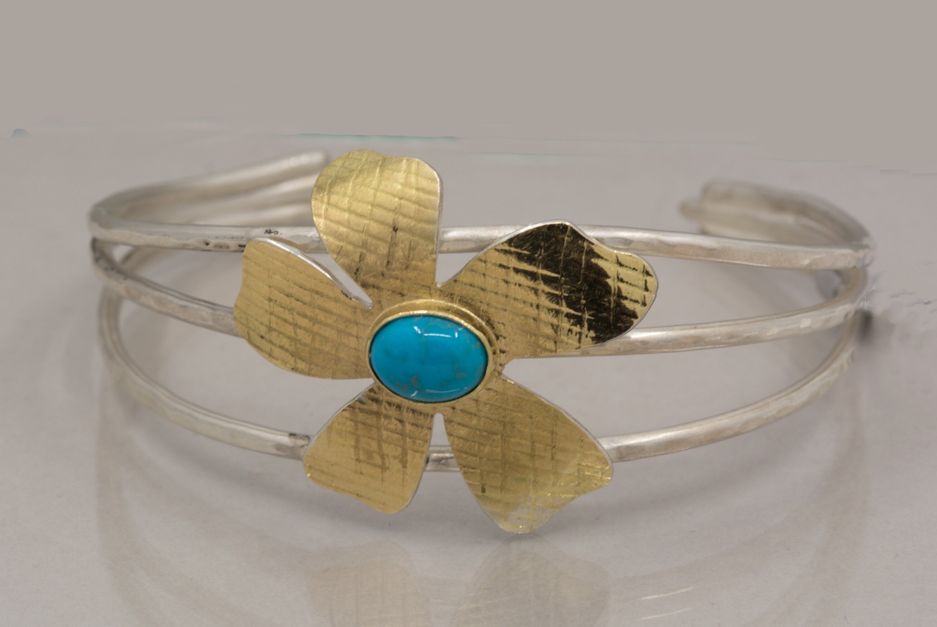 Floral Turquoise Cuff: 18K Gold Sterling Silver Bracelet