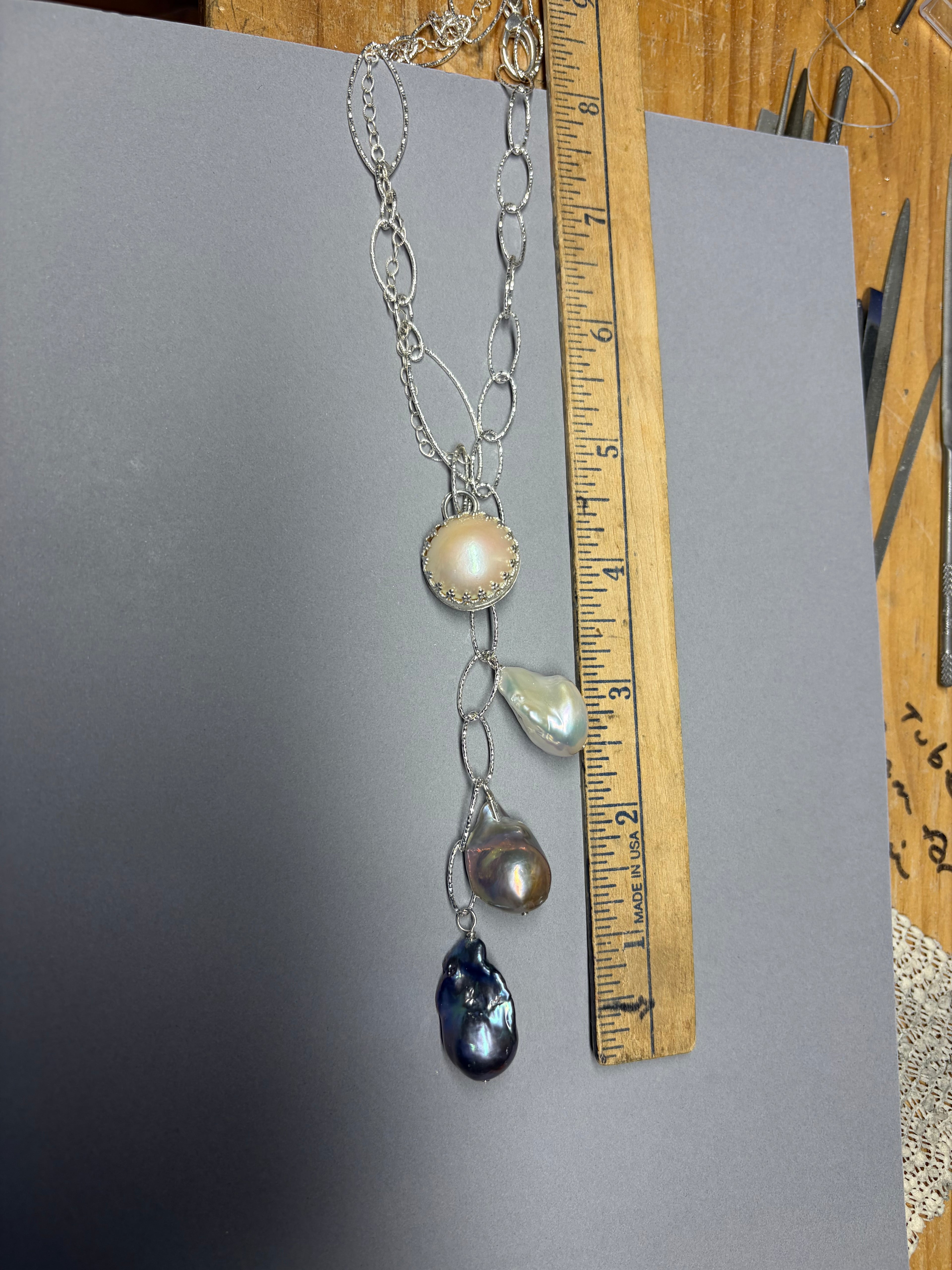 Baroque Pearl Lariat Necklace: Sterling Silver Chain, Adjustable OOAK