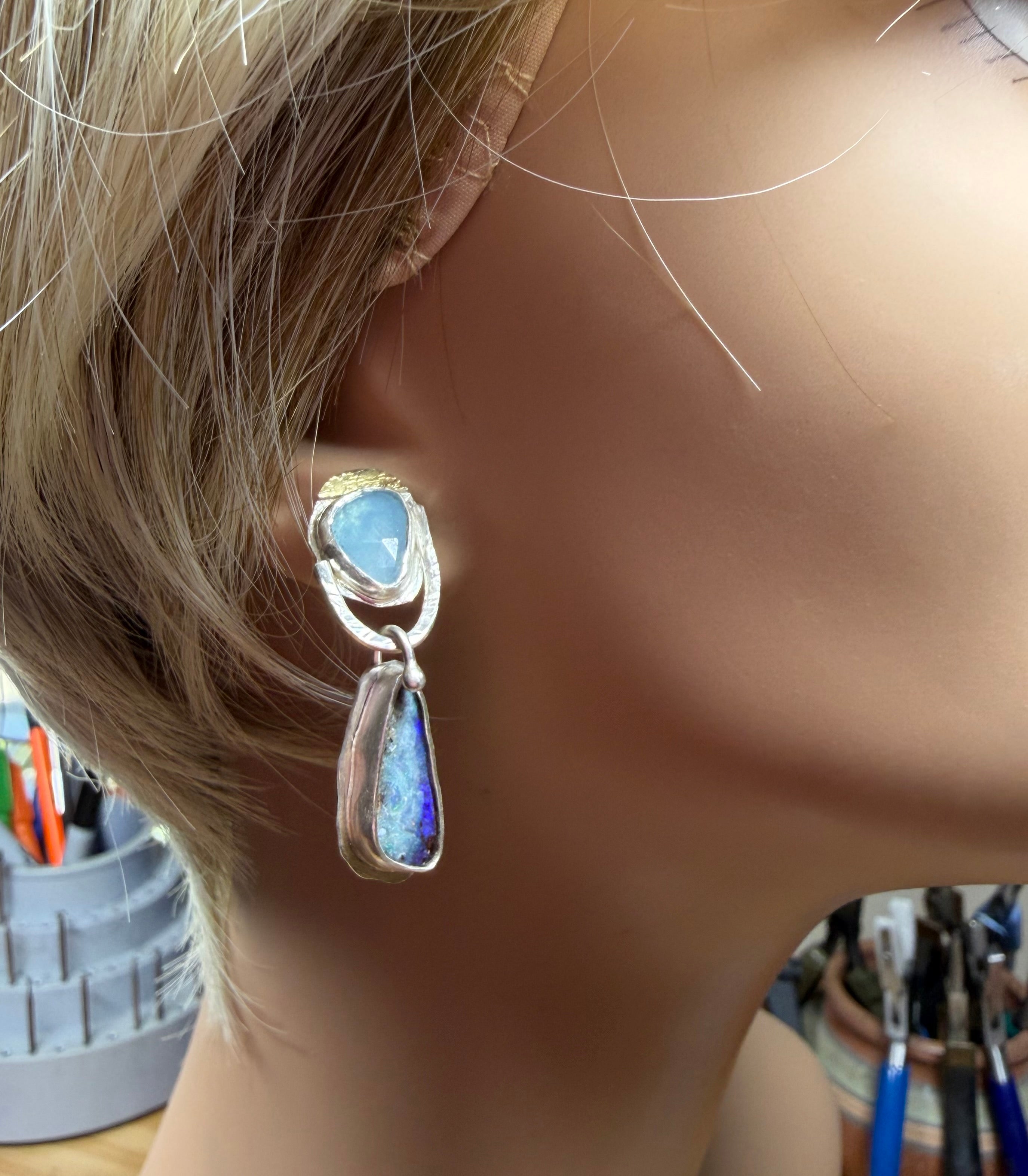 Boulder Opal Dangle Earrings: Aquamarine and Opal Metalwork Earrings in Silver & 18K Gold