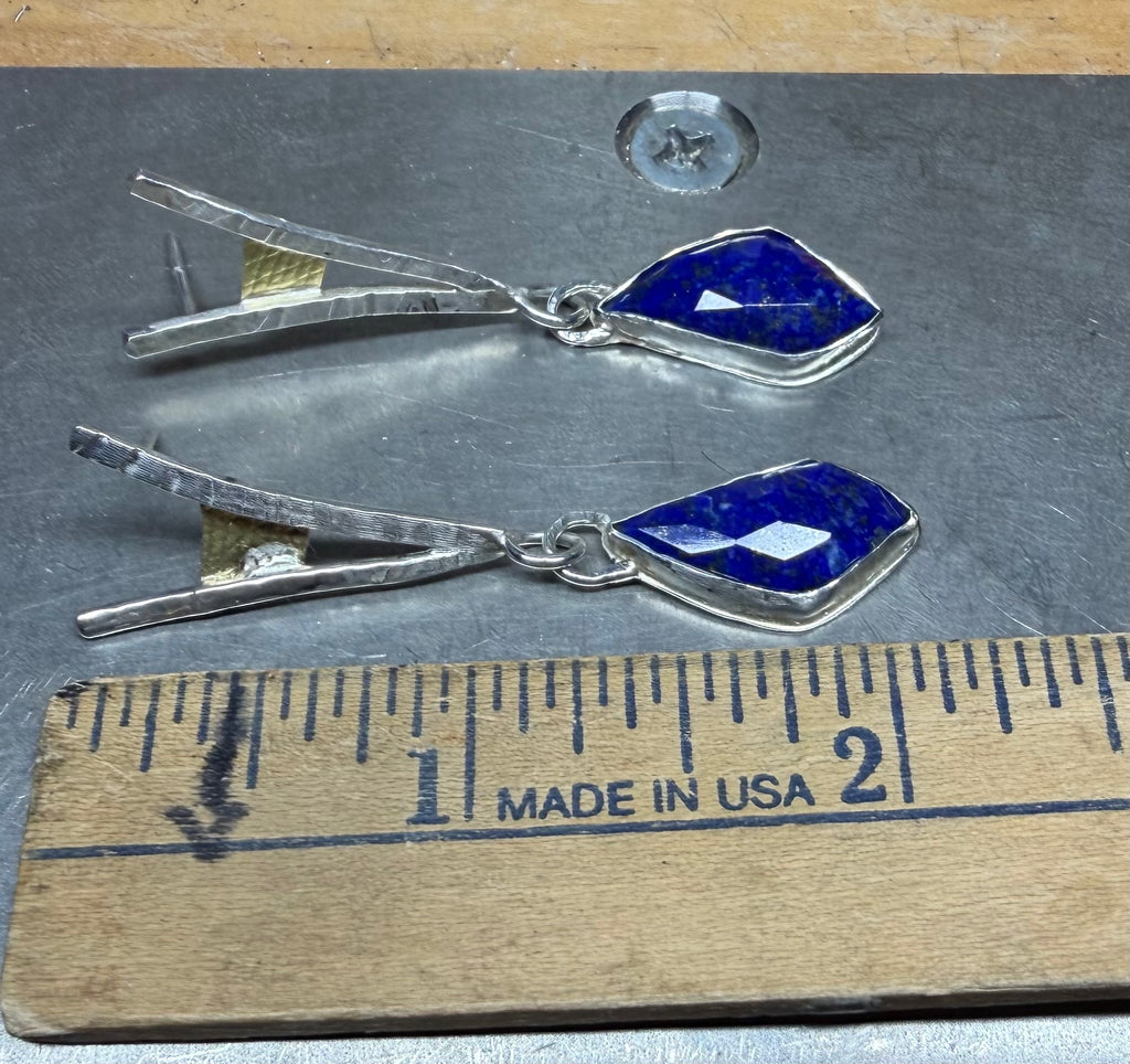 Lapis Dangle Earrings: Silver & 18K Gold, Blue Stone Metalwork Earrings