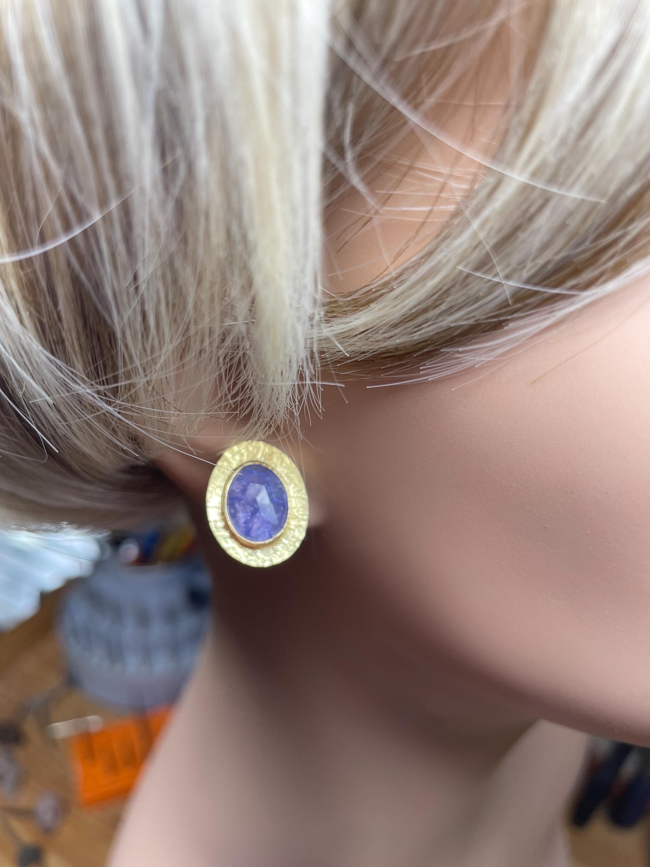18K Gold Tanzanite Stud Earrings: Rose Cut, Sterling Silver Back
