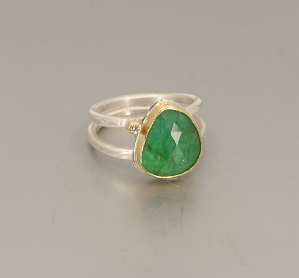 Rose Cut Emerald and Diamond Ring: Green Gemstone, Gold & Sterling Silver, US Size 7.75