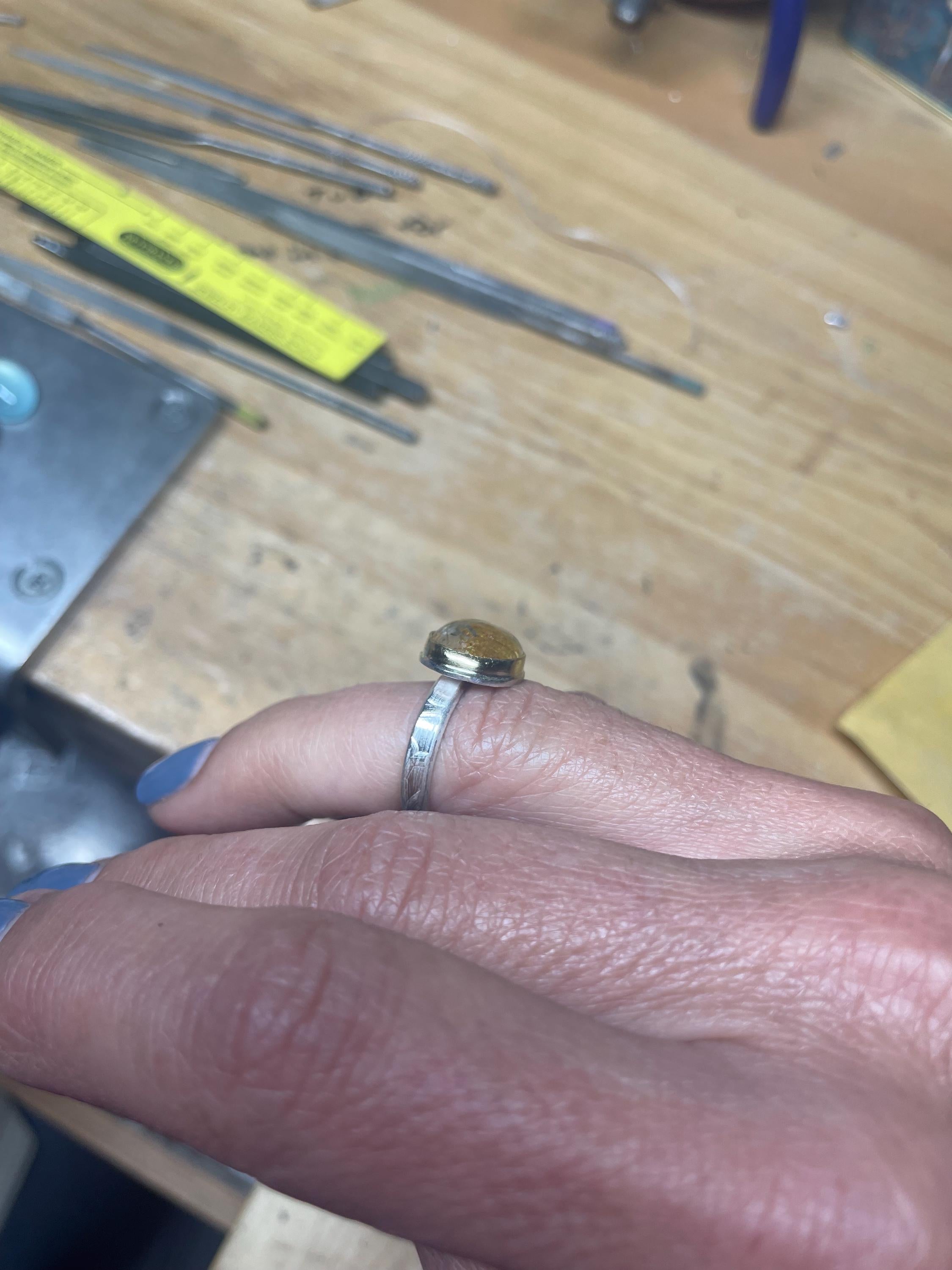 Golden Rutilated Quartz Ring: 18K & Argentium Sterling Silver, US Size 7