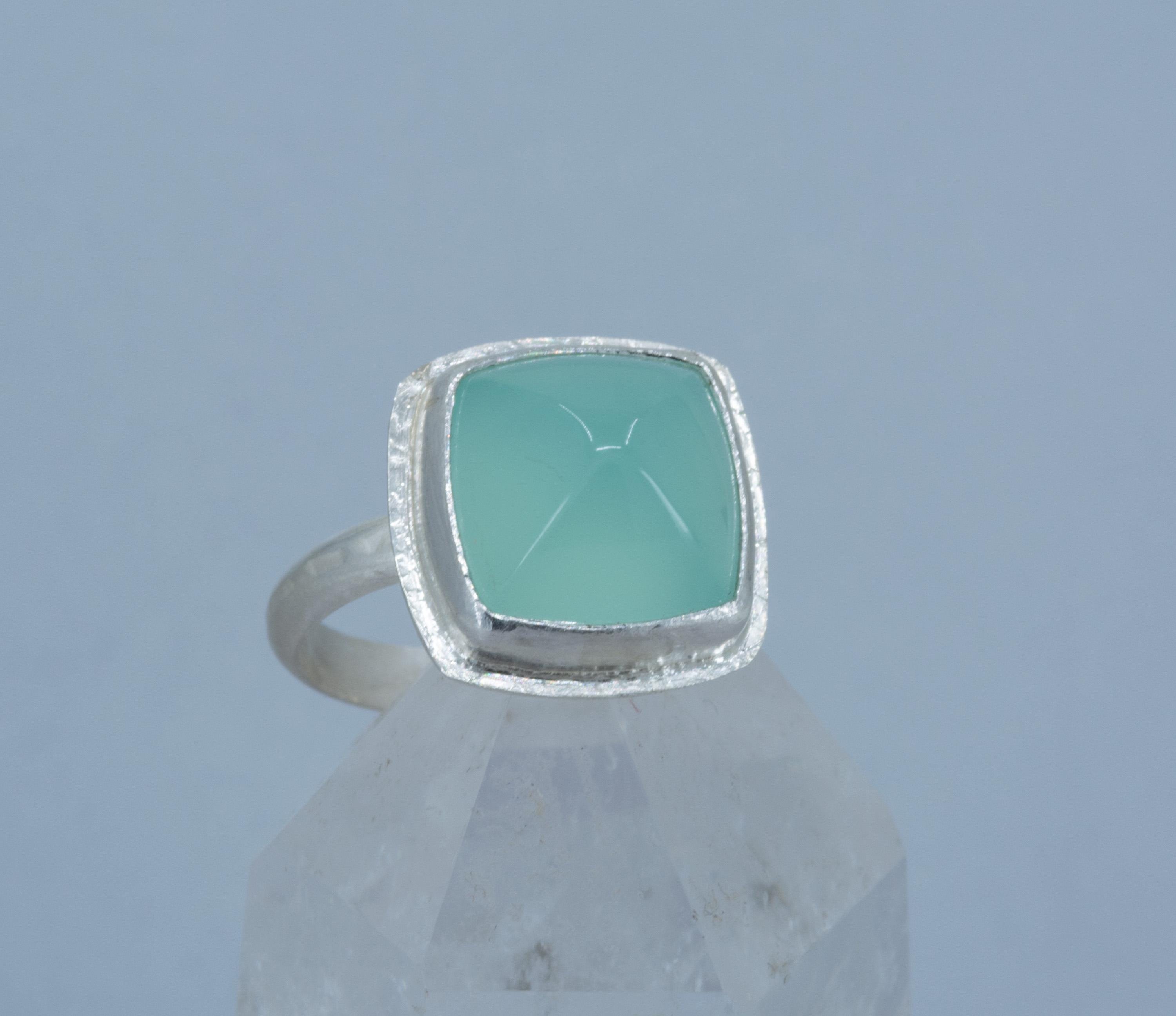 Aqua Chalcedony Silver Ring: Cushion Cut Seafoam Green Cocktail Ring, Size 9
