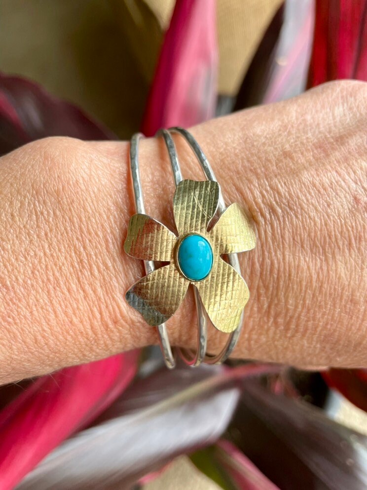Floral Turquoise Cuff: 18K Gold Sterling Silver Bracelet