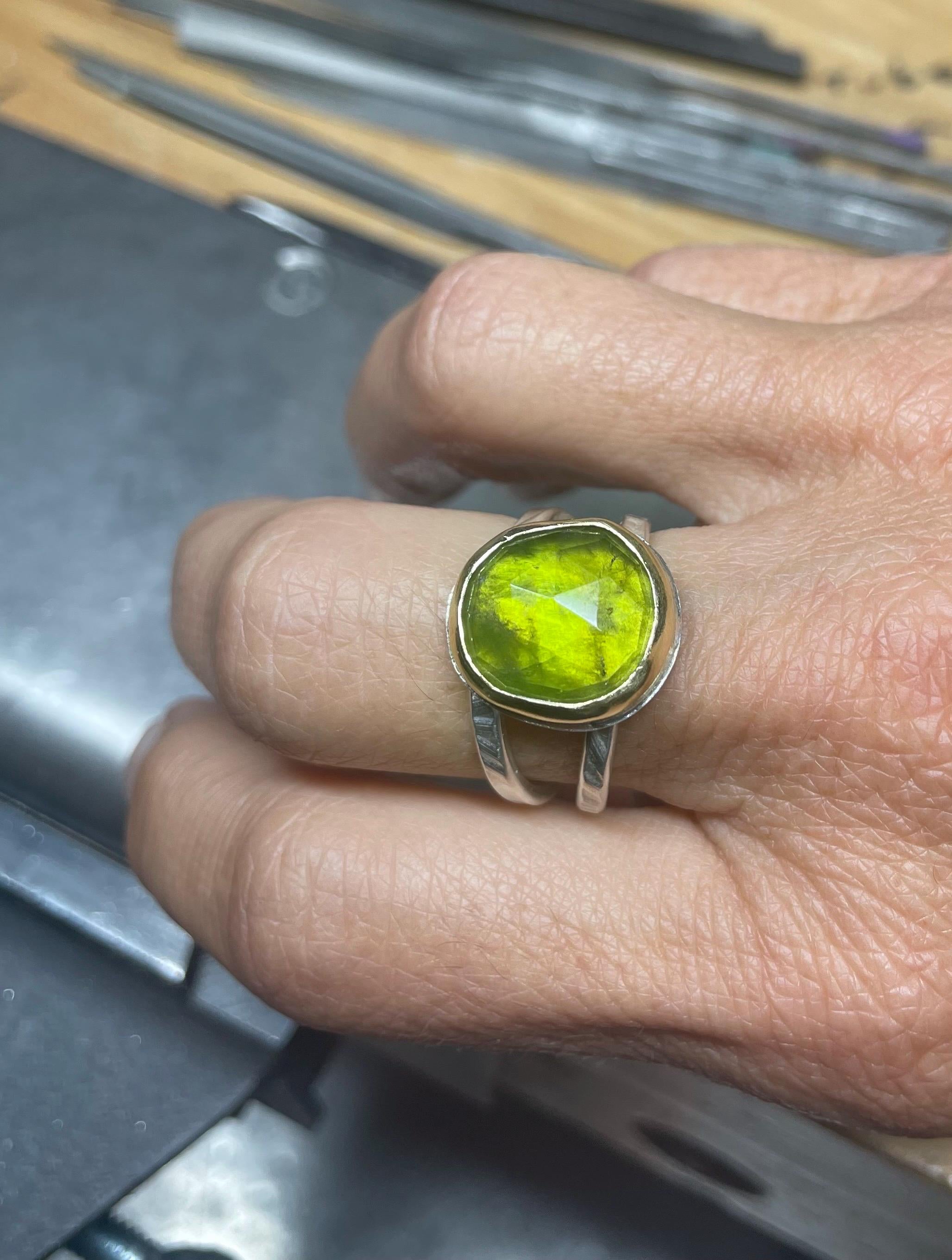 Rose Cut Vesuvianite Ring: Large Green Gemstone, Gold & Sterling Silver, US Size 9