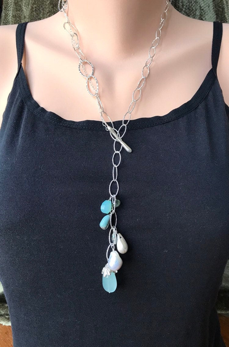 Clear Quartz Lariat Necklace: Sterling Silver Chain, Gemstone Dangles