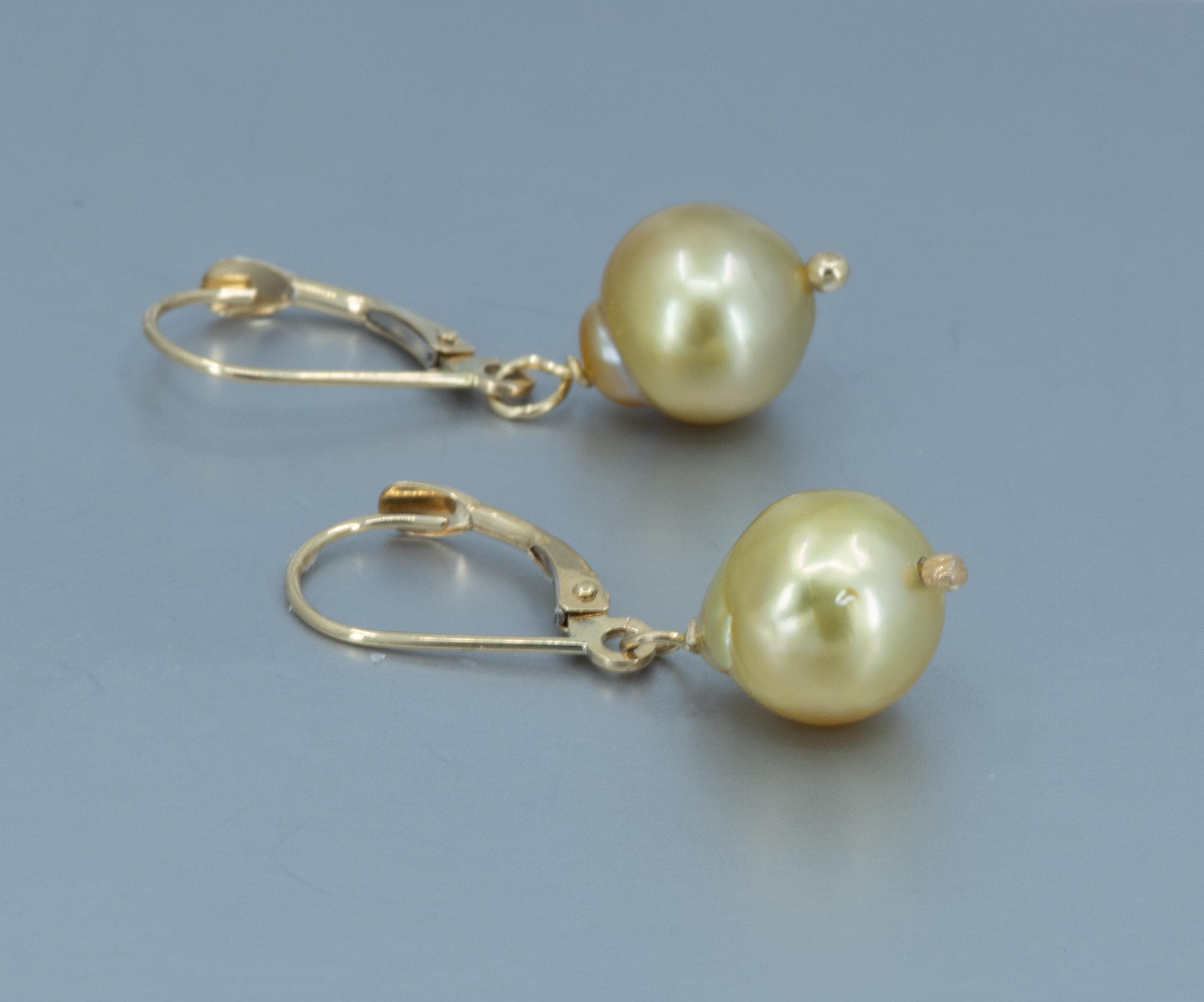 14K Gold South Sea Pearl Drop Earrings: Golden Baroque Wedding Jewelry