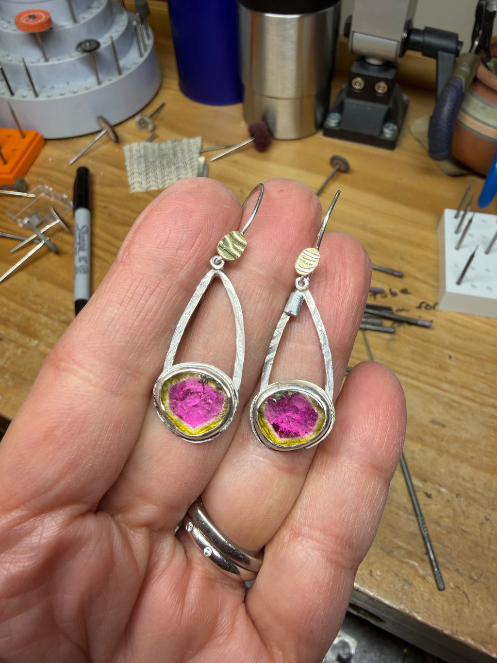 Watermelon Tourmaline Dangle Earrings in Silver, October Birthstone