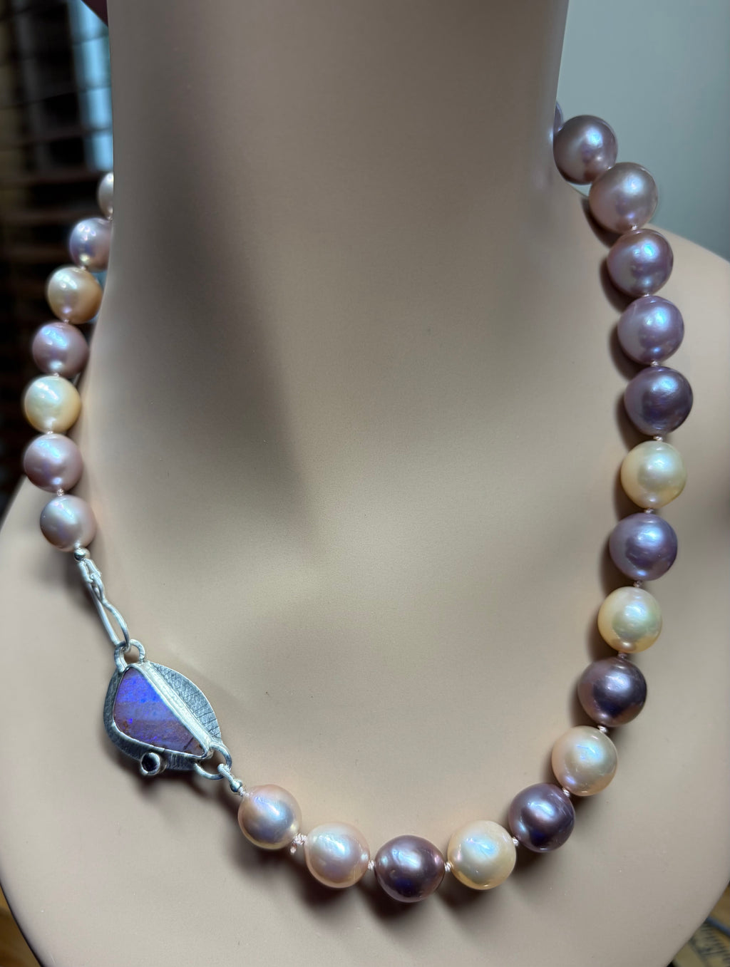 Edison Pearl Necklace: Boulder Opal Clasp, Multi Color Freshwater Pearls