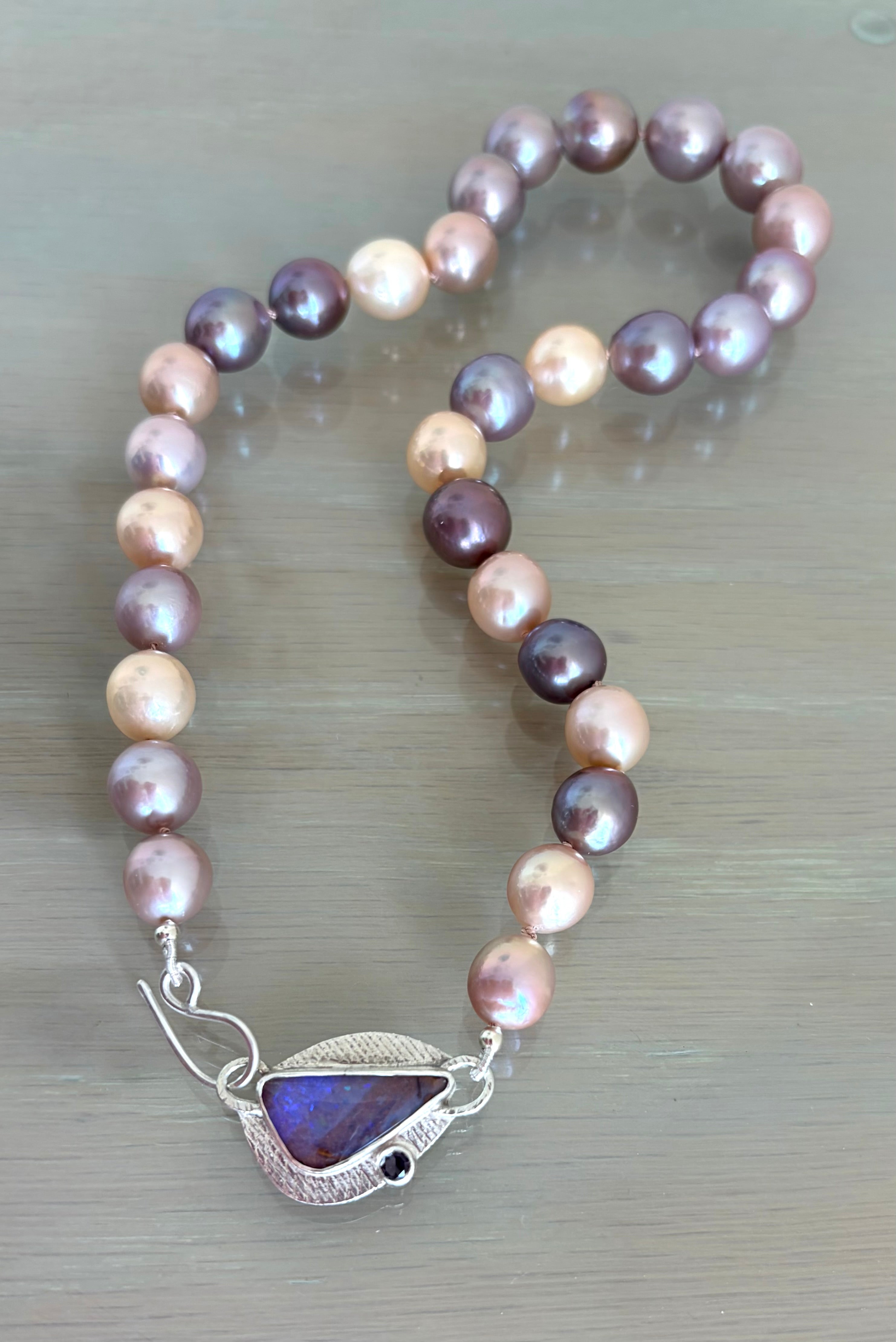 Edison Pearl Necklace: Boulder Opal Clasp, Multi Color Freshwater Pearls