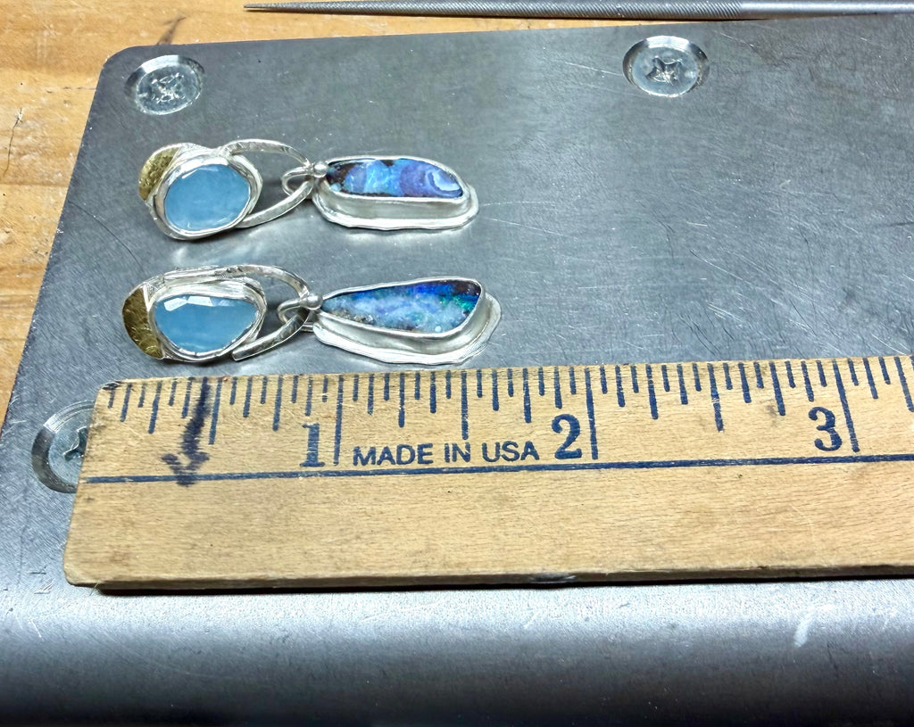 Boulder Opal Dangle Earrings: Aquamarine and Opal Metalwork Earrings in Silver & 18K Gold