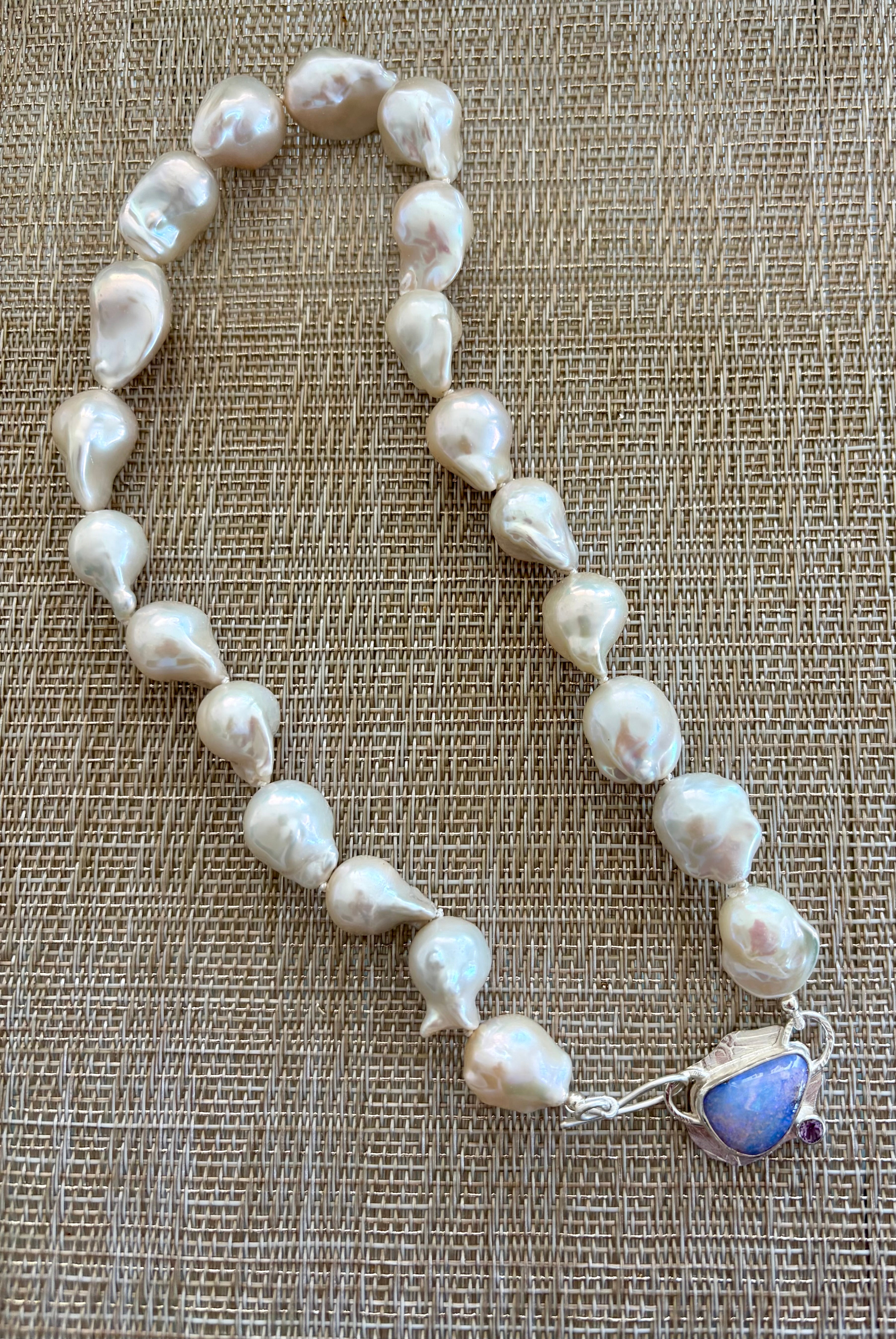 Large White Baroque Knotted Pearl Necklace with Boulder Opal Clasp, June birthstone