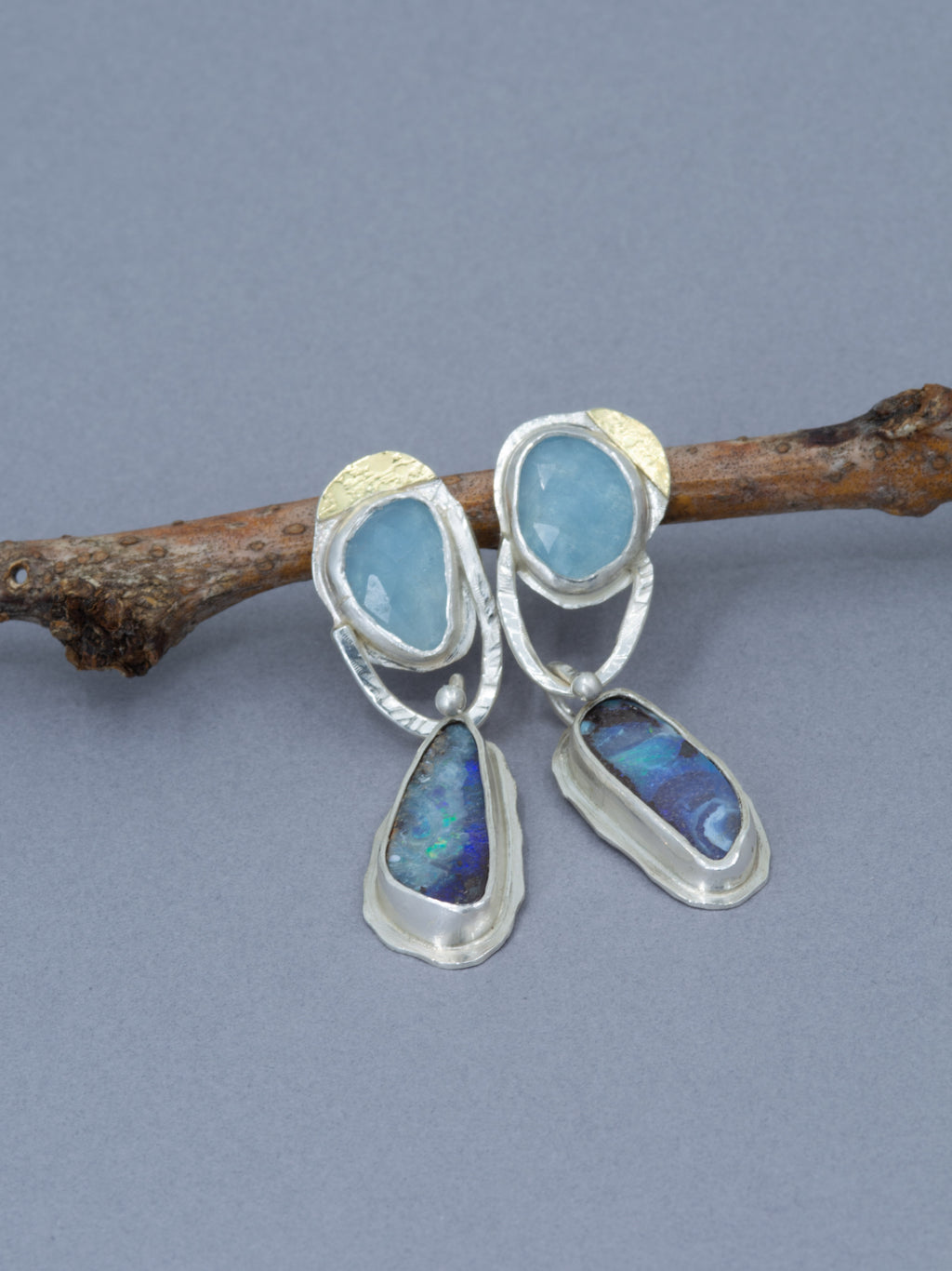 Boulder Opal Dangle Earrings: Aquamarine and Opal Metalwork Earrings in Silver & 18K Gold