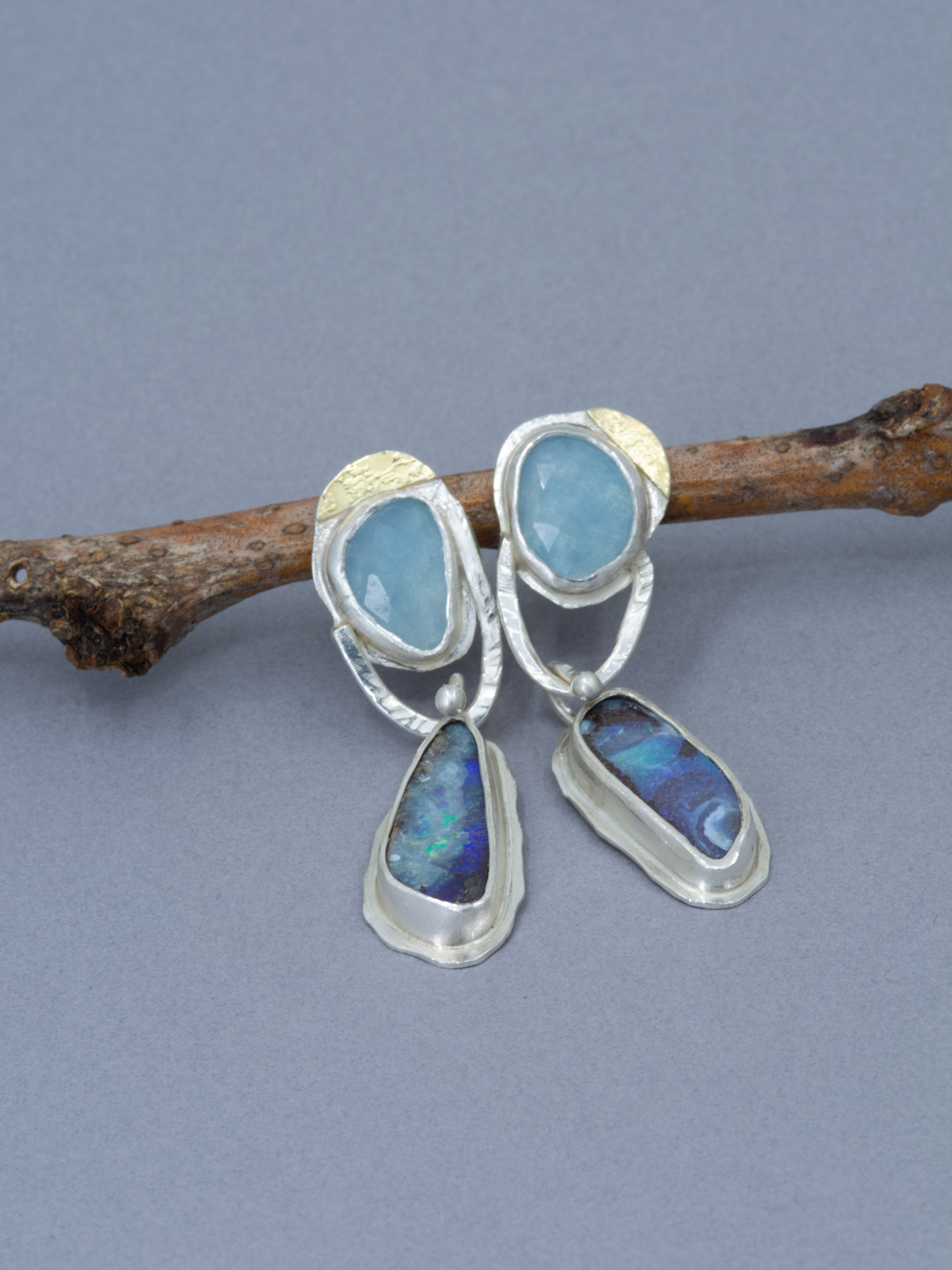 Boulder Opal Dangle Earrings: Aquamarine and Opal Metalwork Earrings in Silver & 18K Gold