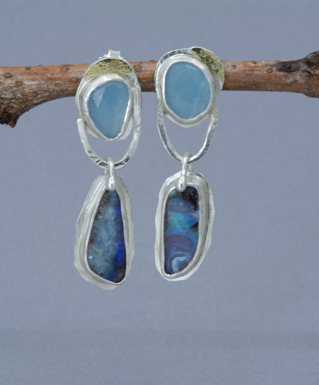 Boulder Opal Dangle Earrings: Aquamarine and Opal Metalwork Earrings in Silver & 18K Gold