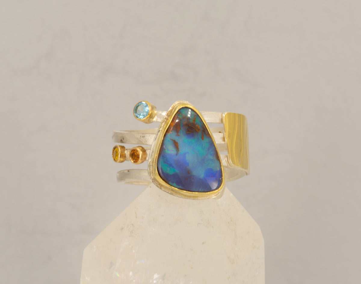 Boulder Opal 18K Gold Ring: Handmade Sterling Silver Multi-Band, US Size 9