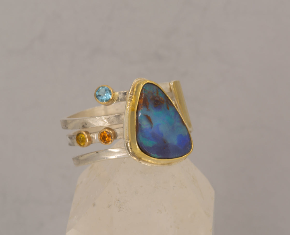 Boulder Opal 18K Gold Ring: Handmade Sterling Silver Multi-Band, US Size 9