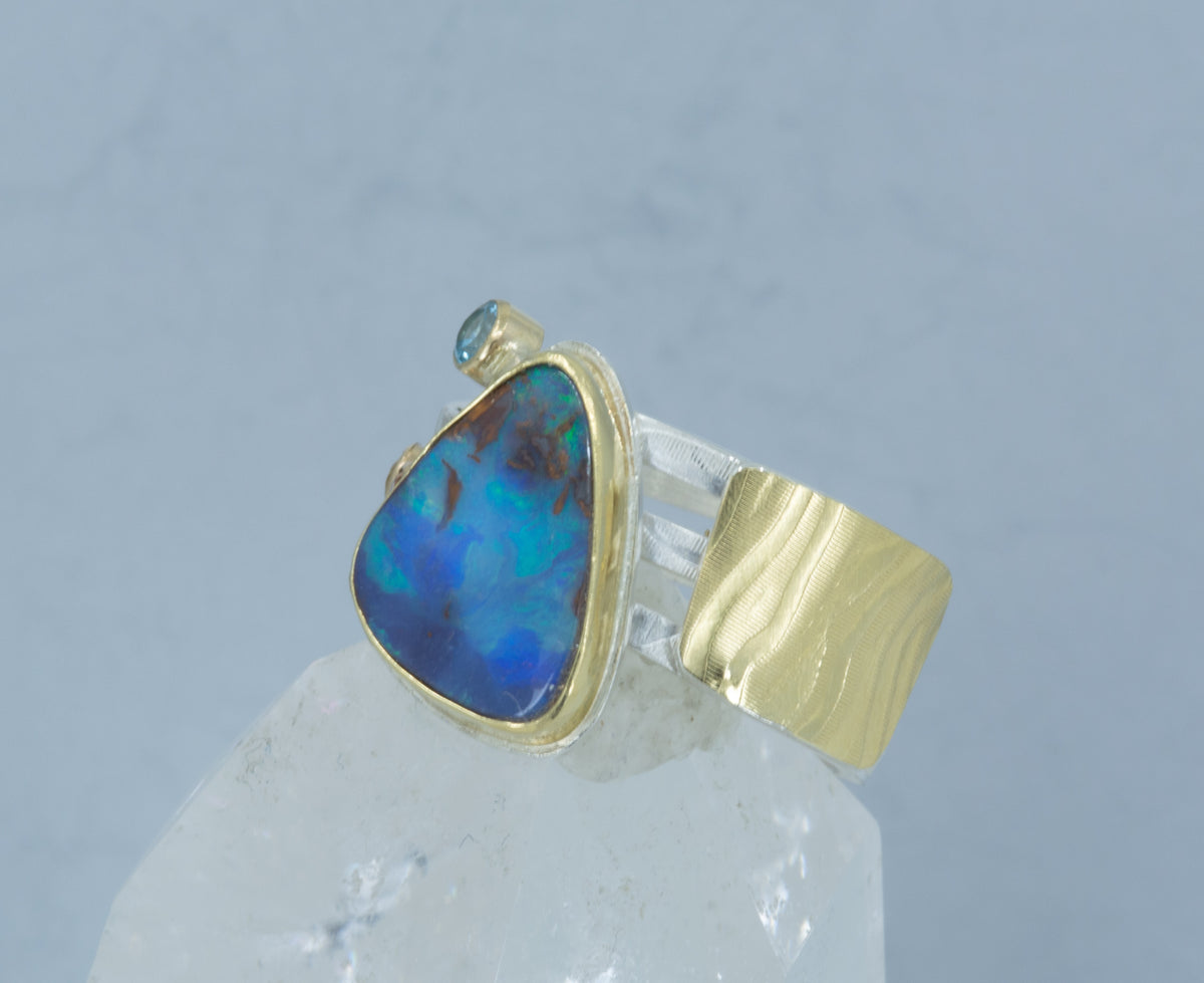 Boulder Opal 18K Gold Ring: Handmade Sterling Silver Multi-Band, US Size 9