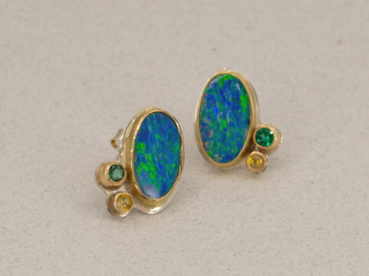 Australian Opal and Emerald and Sapphire Gold Post Earrings