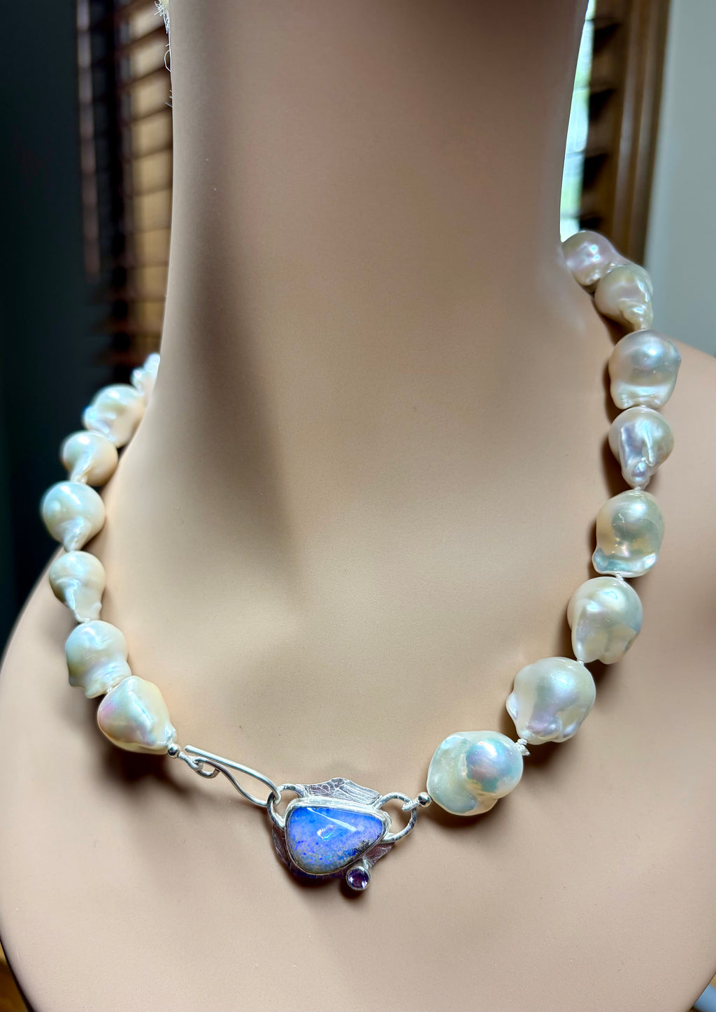Large White Baroque Knotted Pearl Necklace with Boulder Opal Clasp, June birthstone