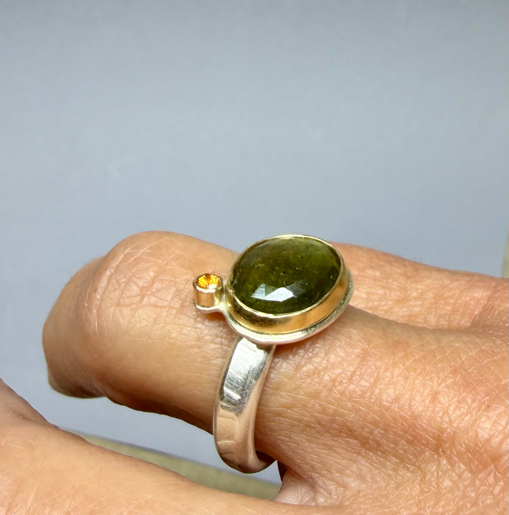 Green Tourmaline Ring | Rose-Cut, 18K Gold Bezel & Argentium Sterling Silver | OOAK