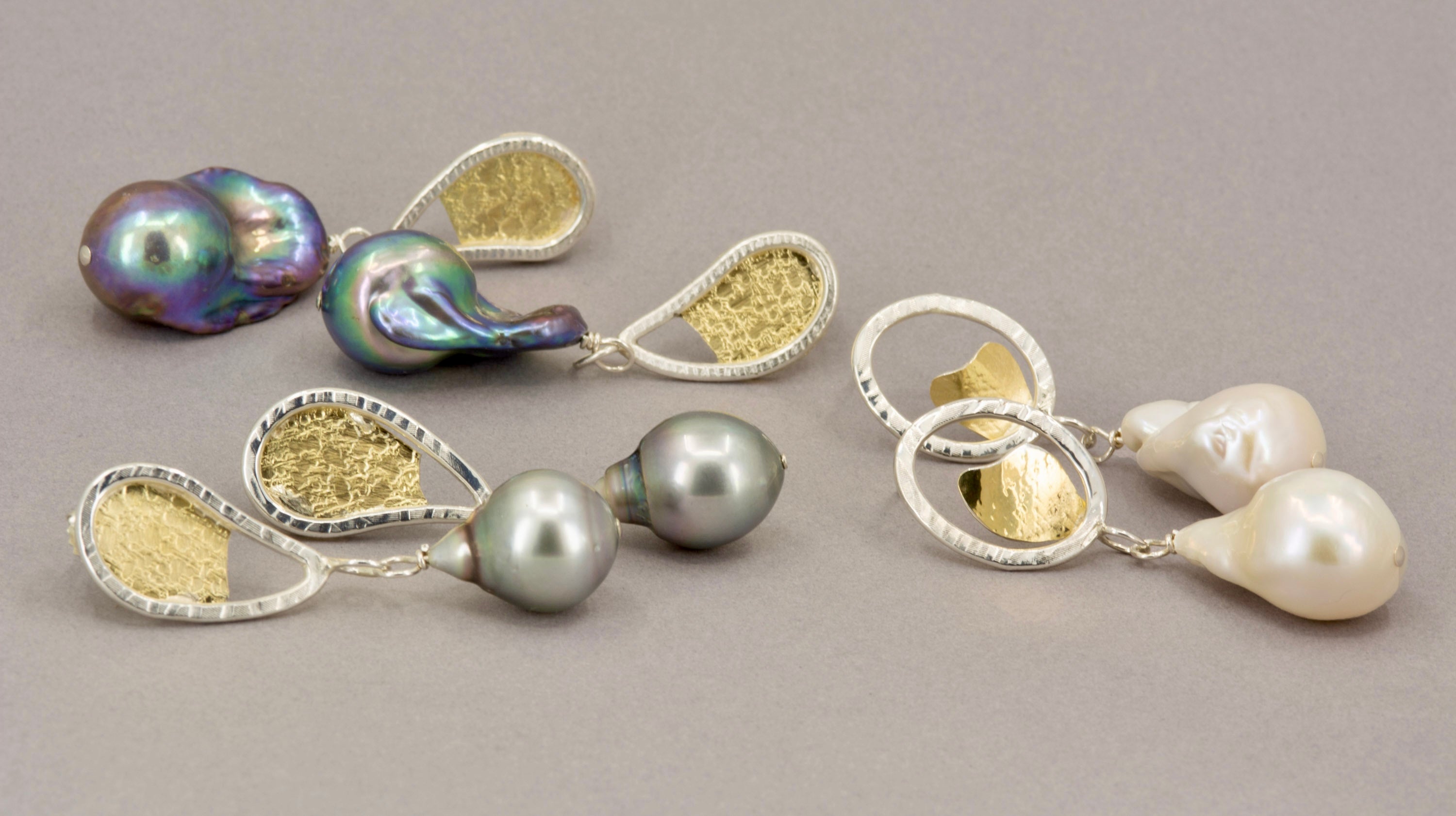 Tahitian Silvertone Pearl Earrings: 18k Gold and Sterling Botanical Earrings, OOAK