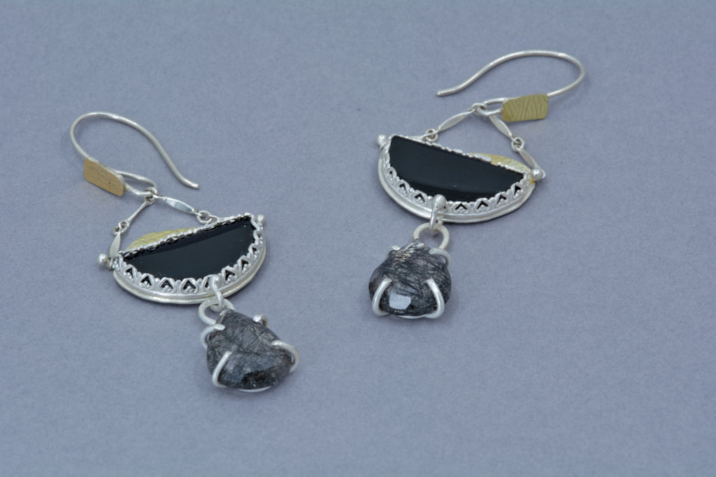 Black Tourmaline and Onyx Earrings in Sterling Silver and Gold
