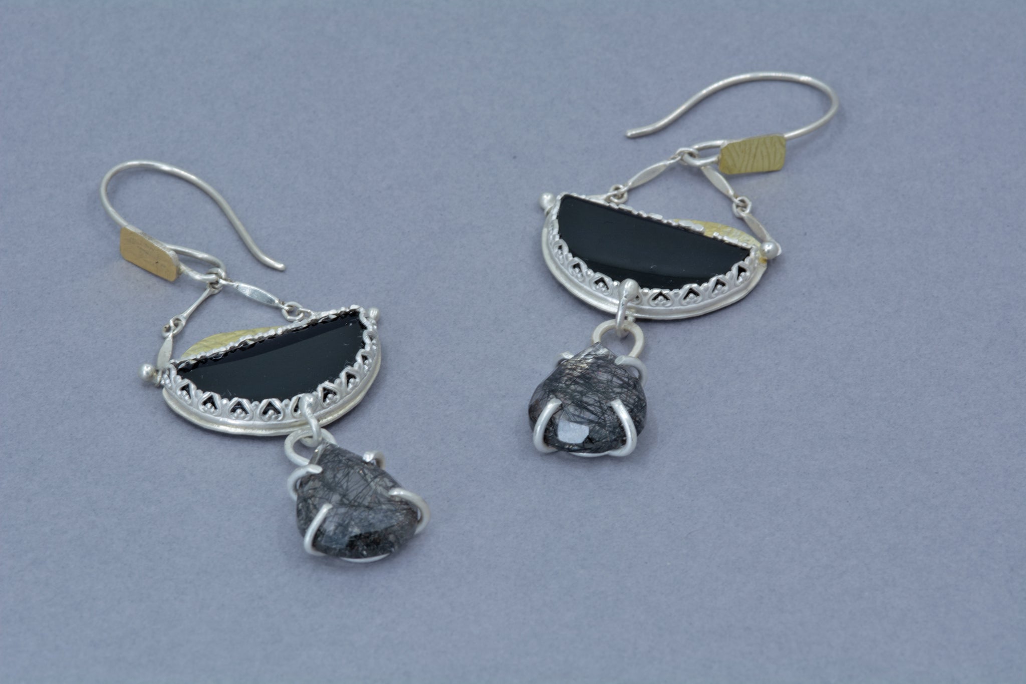 Black Tourmaline and Onyx Earrings in Sterling Silver and Gold