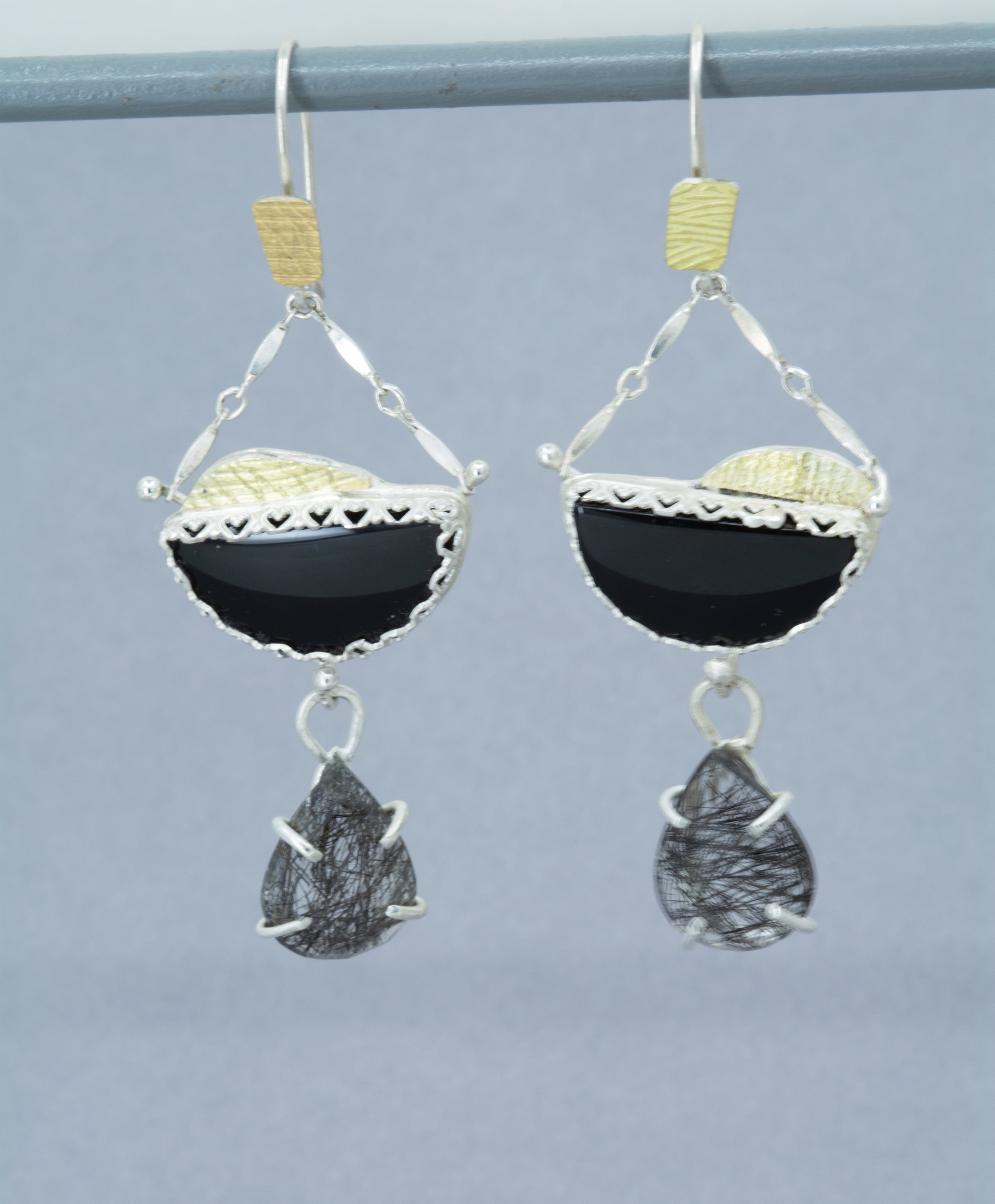 Black Tourmaline and Onyx Earrings in Sterling Silver and Gold
