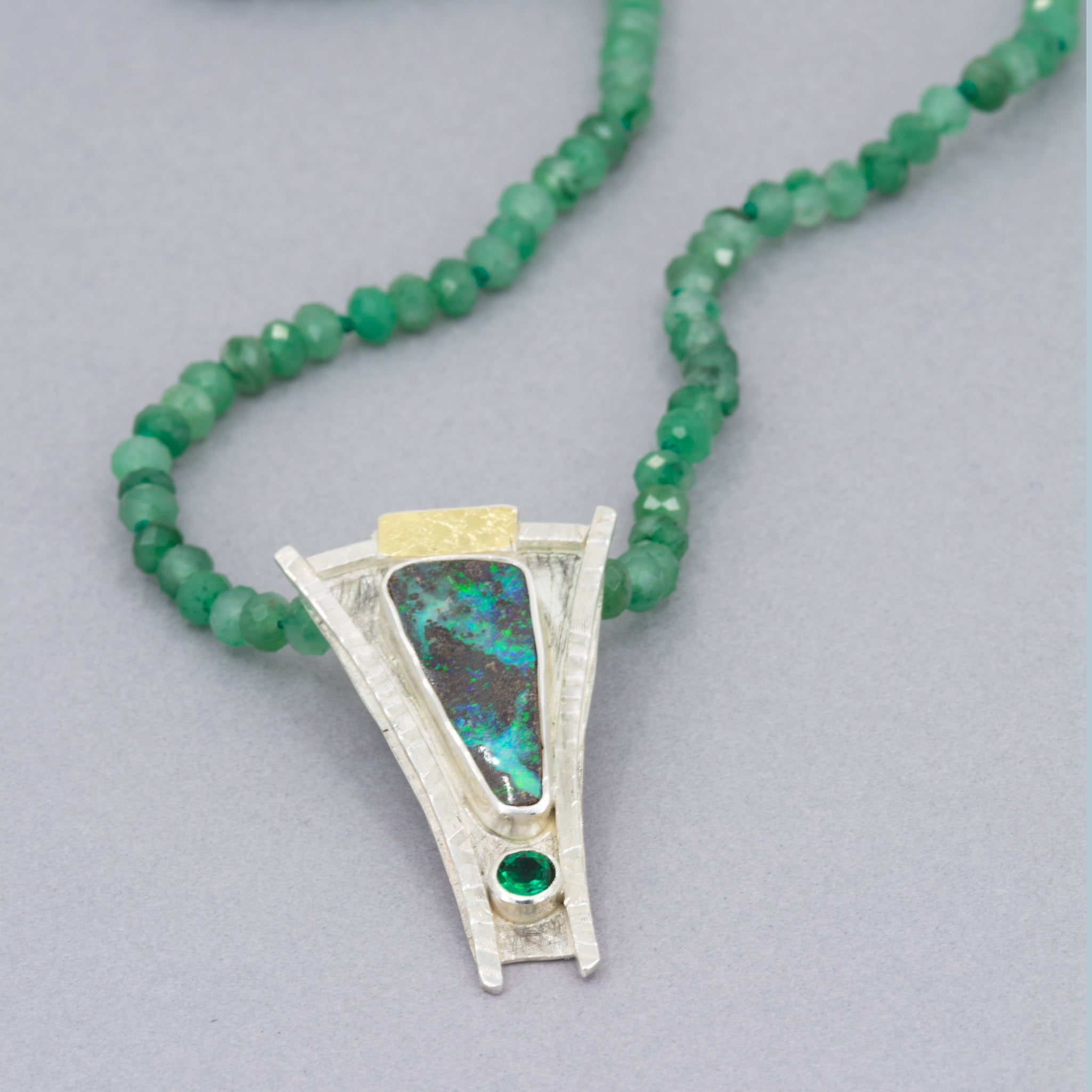Australian Boulder Opal Necklace – Sterling Silver, 18K Gold & Emerald