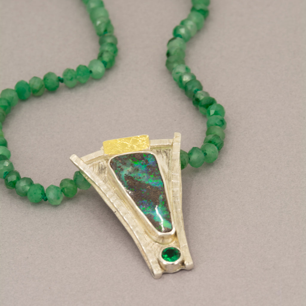 Australian Boulder Opal Necklace – Sterling Silver, 18K Gold & Emerald