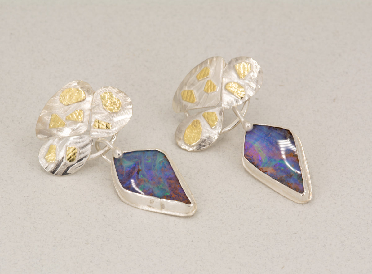 Boulder Opal Leaf Earrings in Silver & 18K Gold