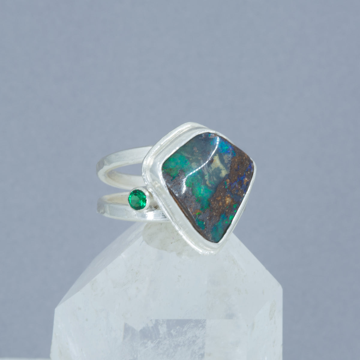 Australian Boulder Opal Ring | Argentium Silver & Emerald