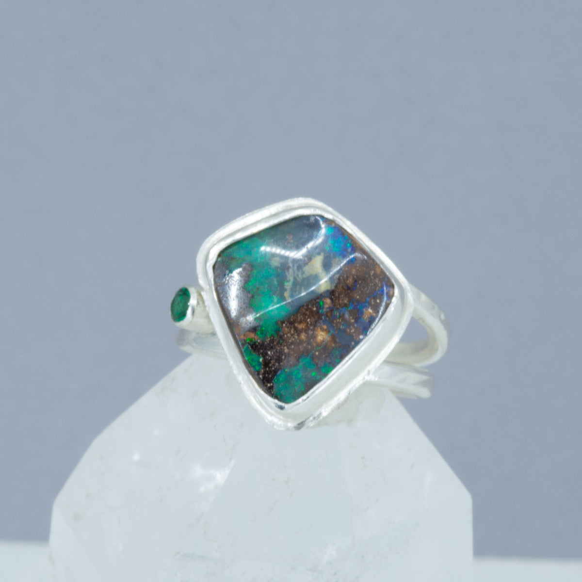 Australian Boulder Opal Ring | Argentium Silver & Emerald