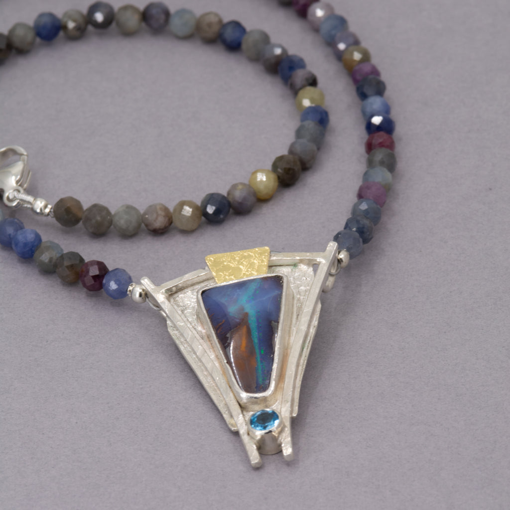 Boulder Opal Necklace with Sapphire: Sterling Silver, Gold, Blue Topaz - OOAK Australian Opal (Copy)