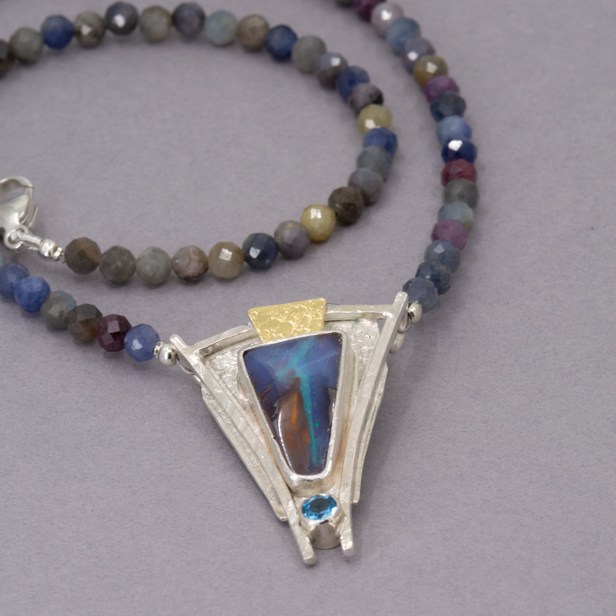 Boulder Opal Necklace with Sapphire: Sterling Silver, Gold, Blue Topaz - OOAK Australian Opal (Copy)