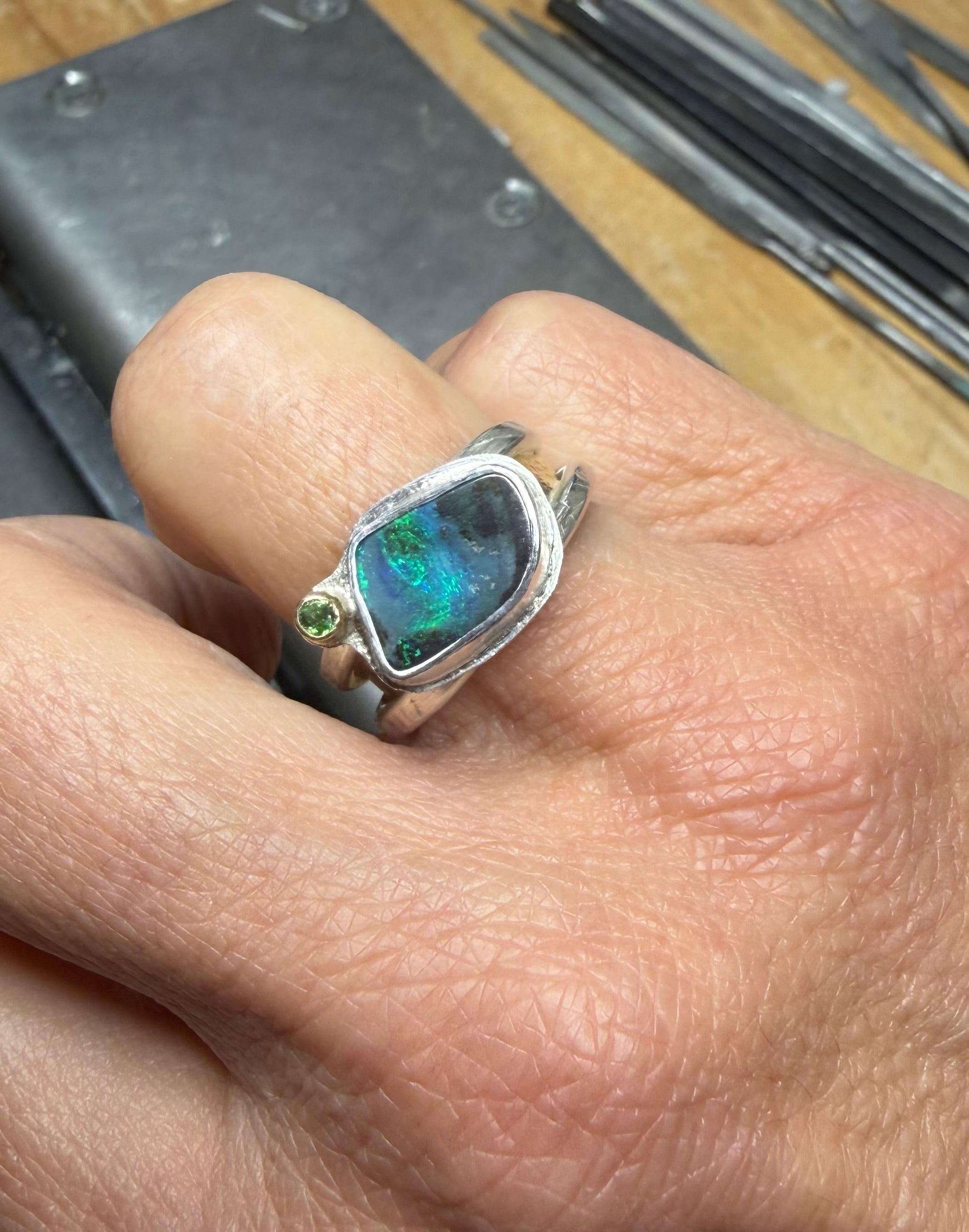 Australian Boulder Opal Ring: Argentium Sterling Silver and Gold, Green Tourmaline - Size 7