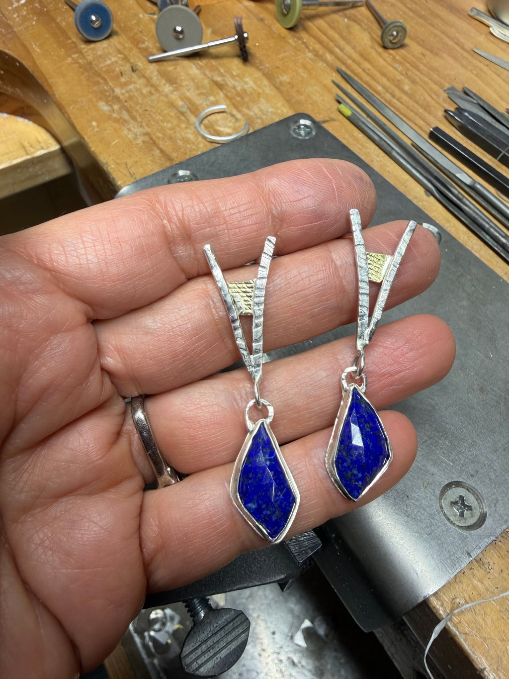 Lapis Dangle Earrings: Silver & 18K Gold, Blue Stone Metalwork Earrings