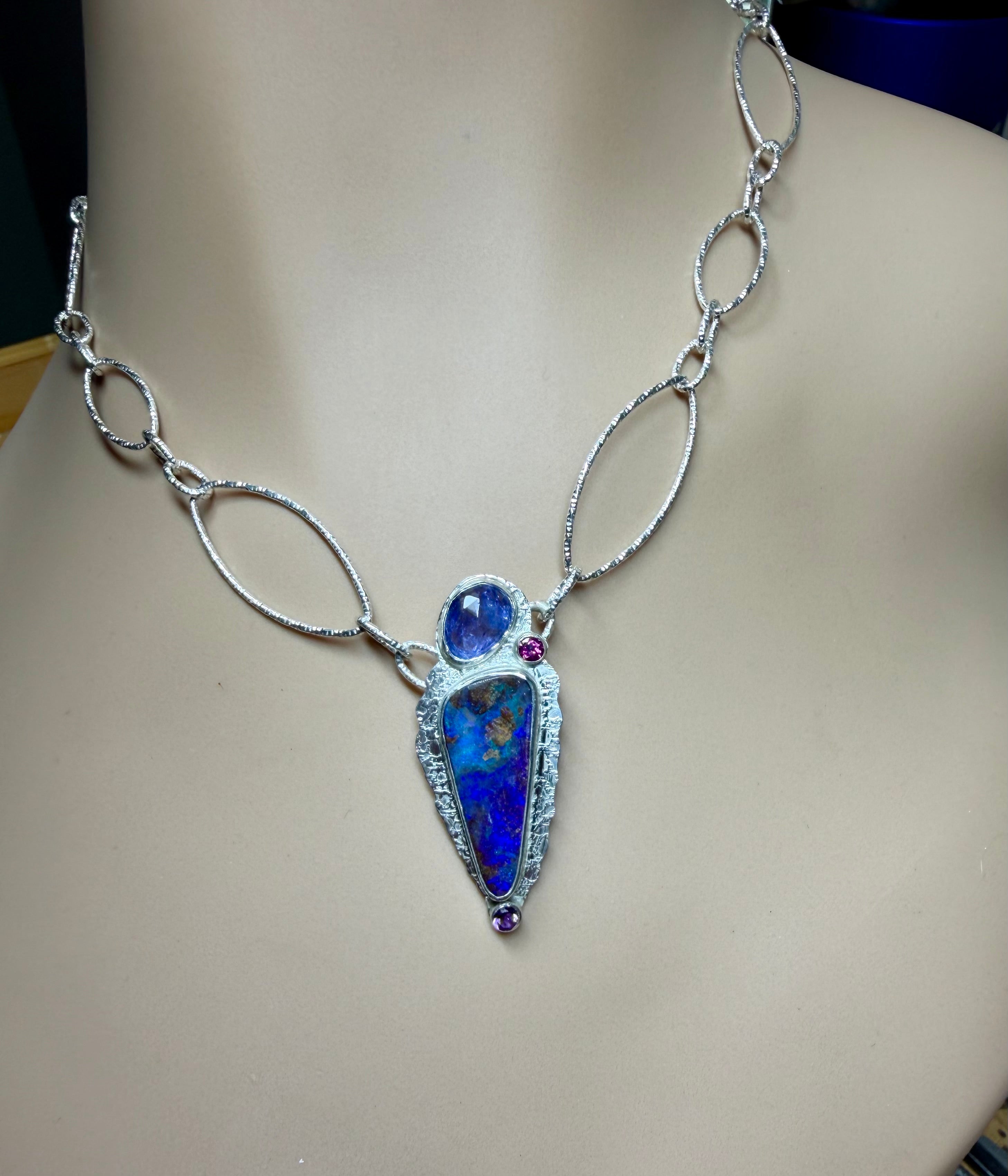 Boulder Opal Necklace: Purple Opal with Tanzanite and Mixed Stones, OOAK Australian Opal