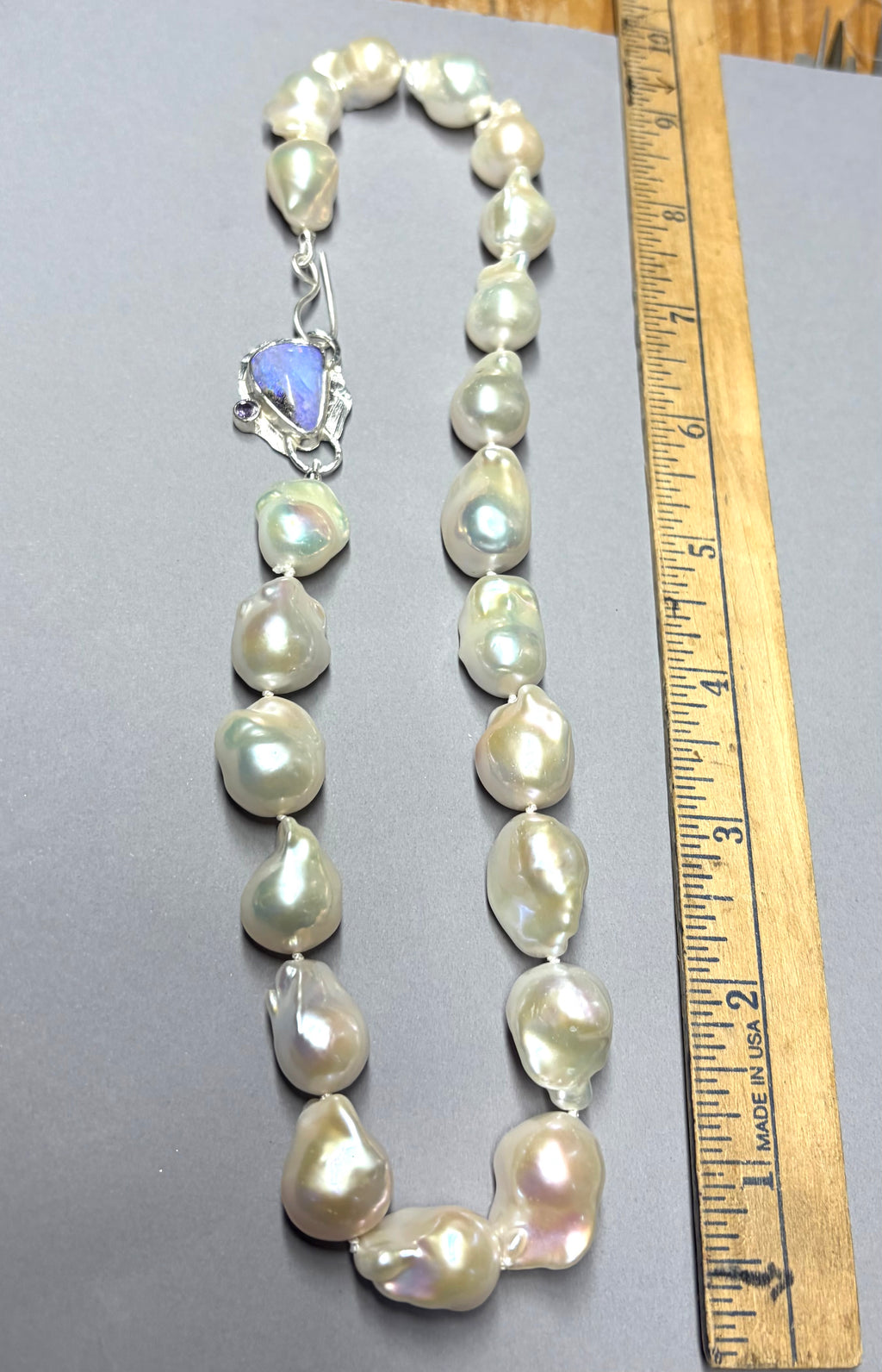 Large White Baroque Knotted Pearl Necklace with Boulder Opal Clasp, June birthstone