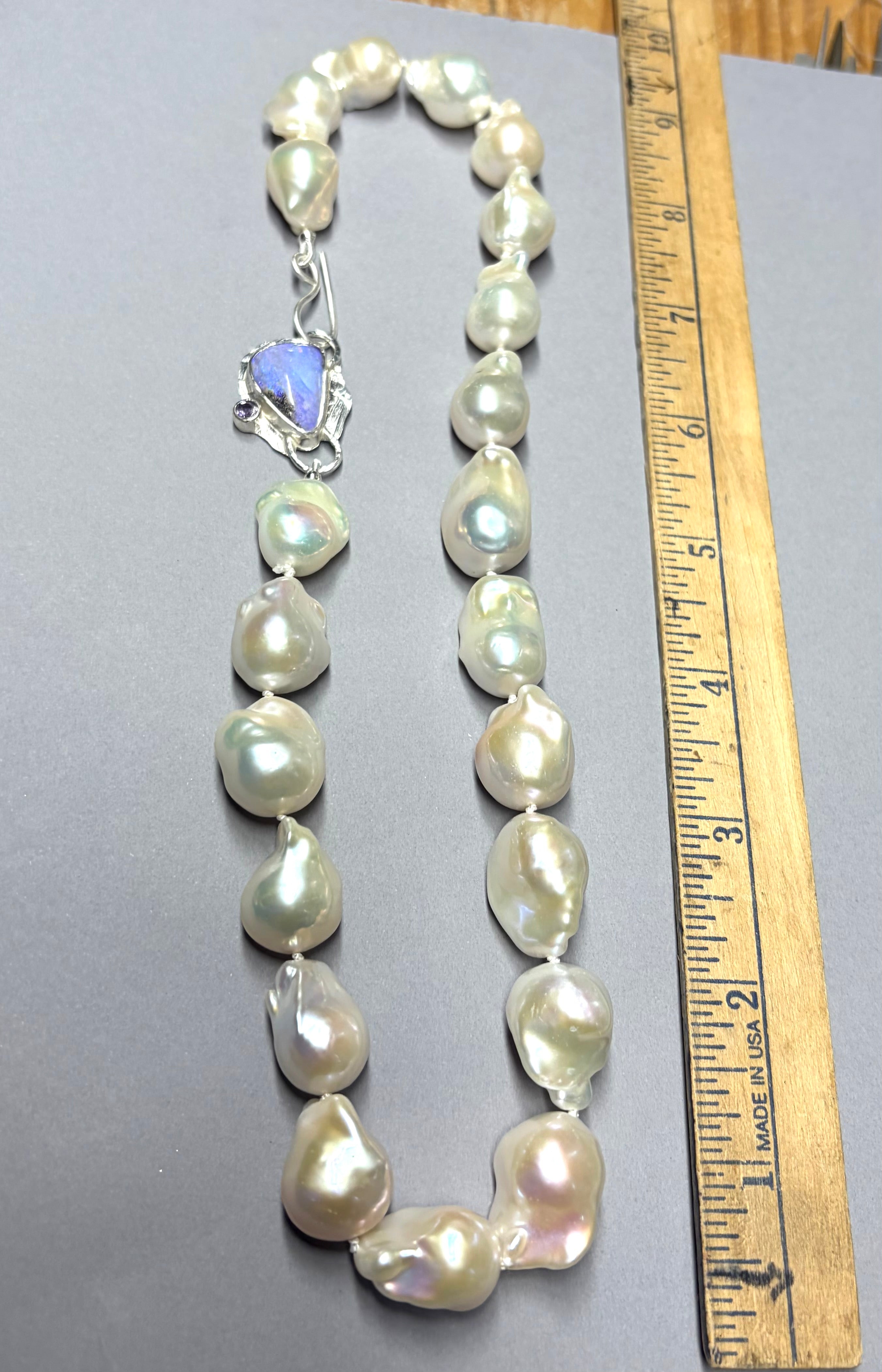 Large White Baroque Knotted Pearl Necklace with Boulder Opal Clasp, June birthstone