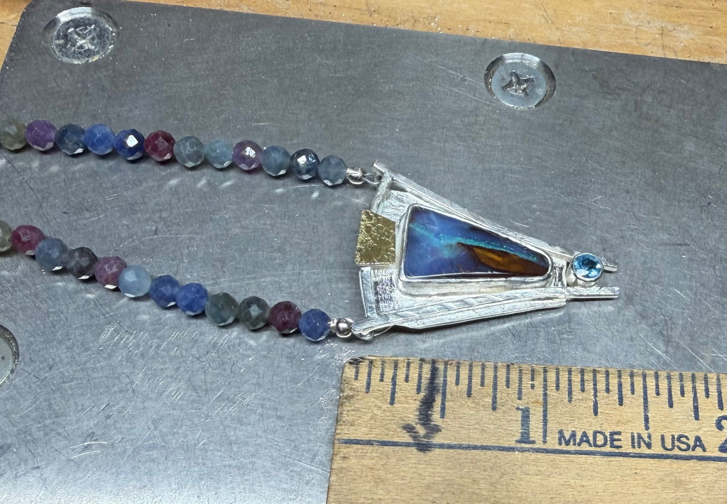 Boulder Opal Necklace with Sapphire: Sterling Silver, Gold, Blue Topaz - OOAK Australian Opal (Copy)