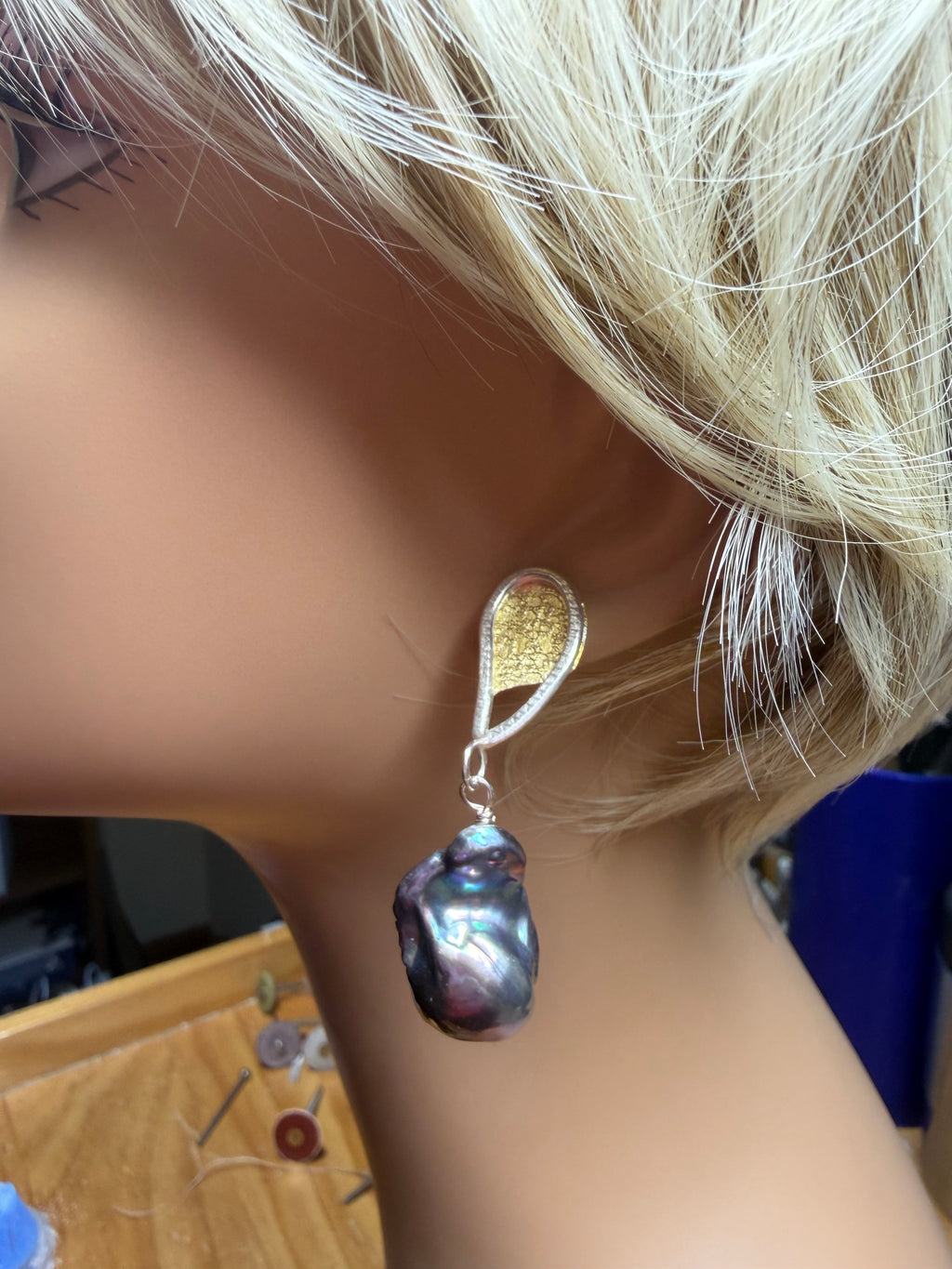 Tahitian Silvertone Pearl Earrings: 18k Gold and Sterling Botanical Earrings, OOAK