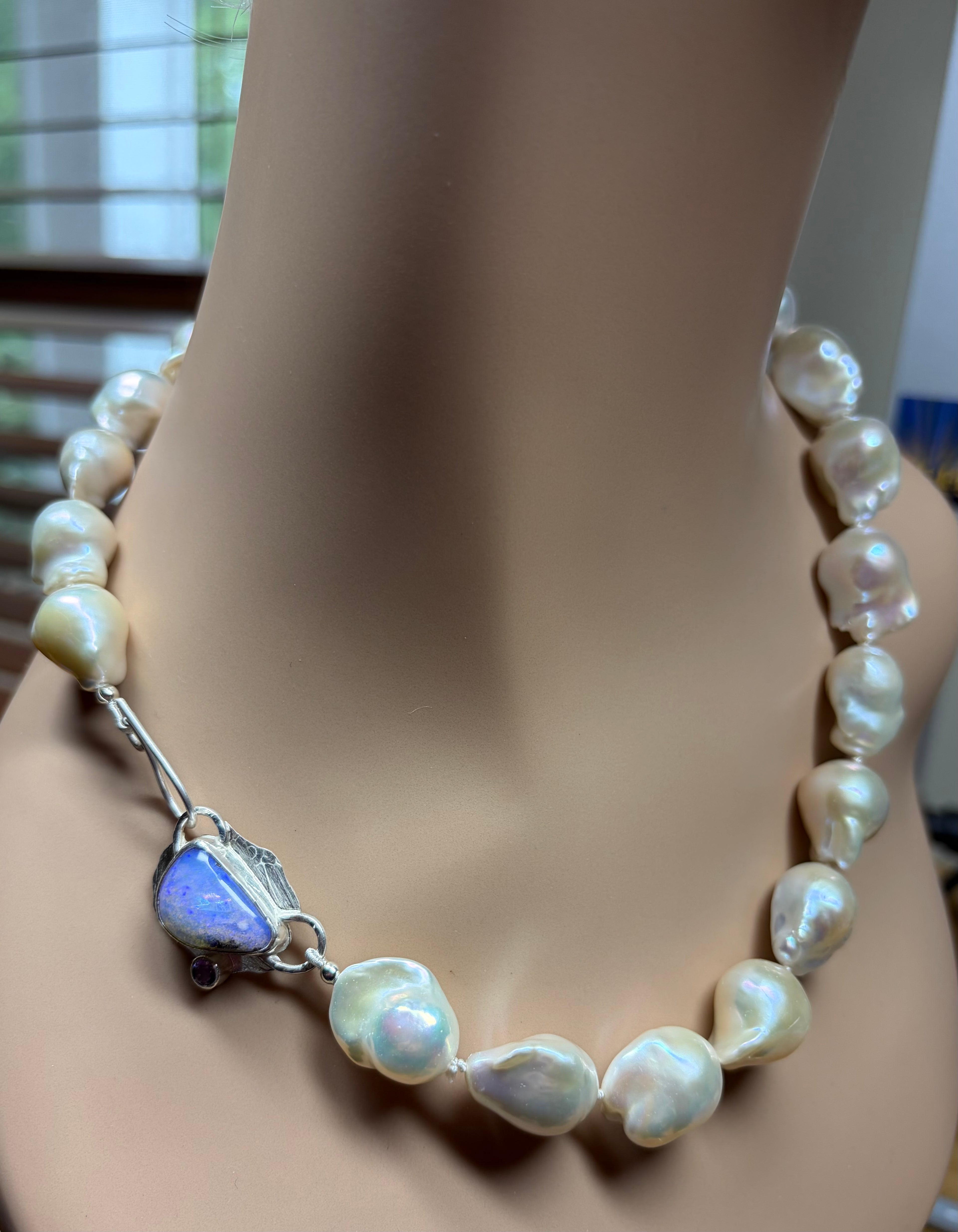 Large White Baroque Knotted Pearl Necklace with Boulder Opal Clasp, June birthstone