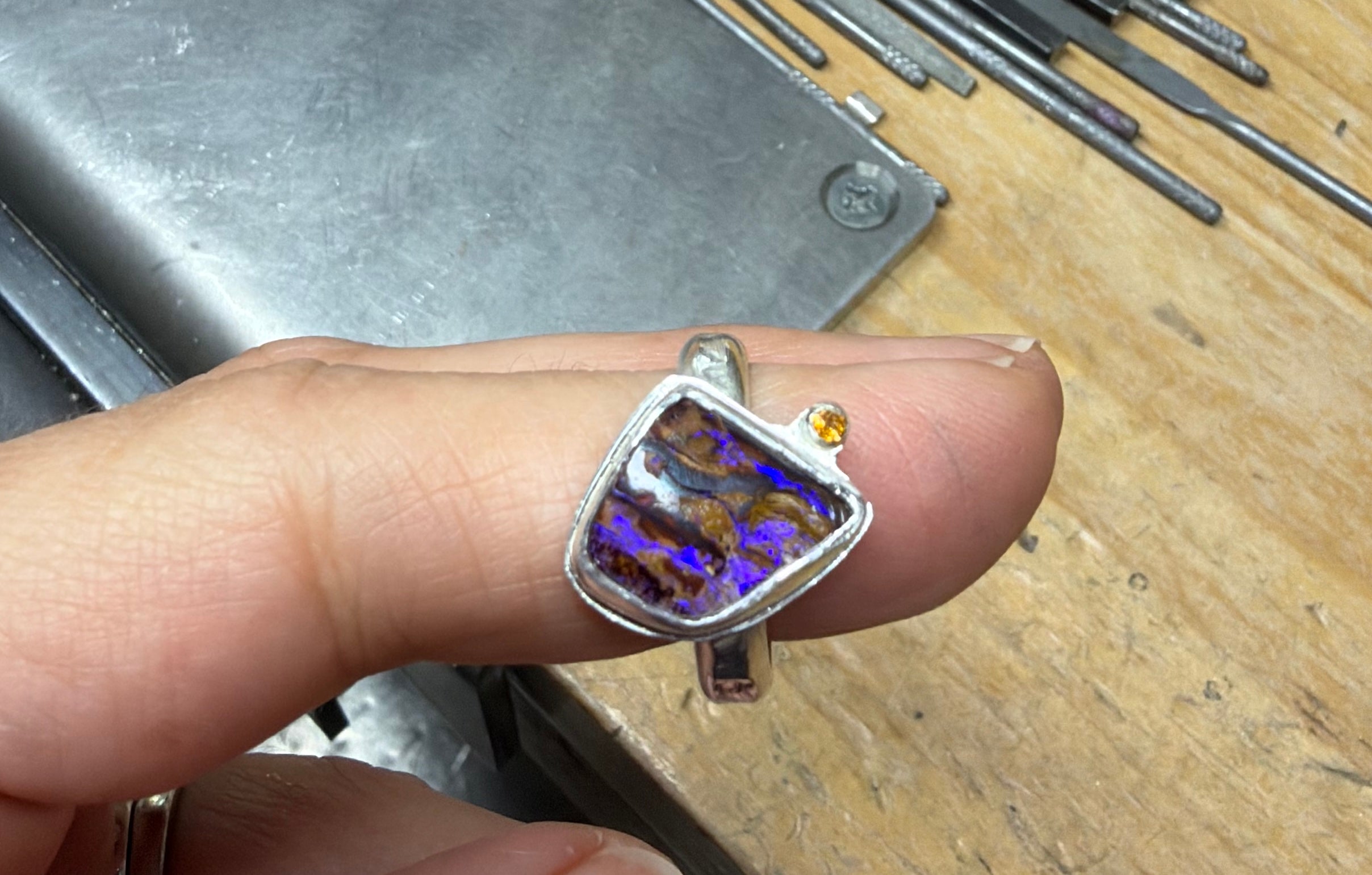 Purple Australian Boulder Opal Ring, Sterling Silver, Size 8