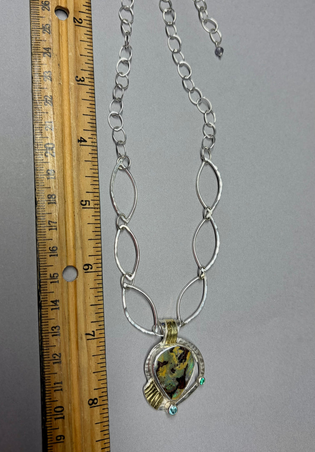 Boulder Opal Necklace in Sterling Silver and Gold, Green Flash Opal Pendant, OOAK
